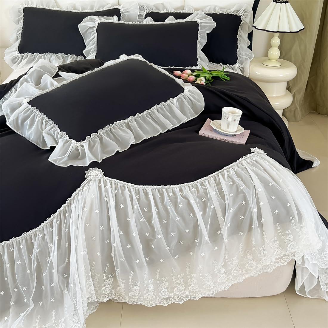 Lace Duvet Cover - Chiffon Ruffled Beddding Set with Flower, 3 Pieces Comforter Cover Set with Zipper Closure and Pillowcase