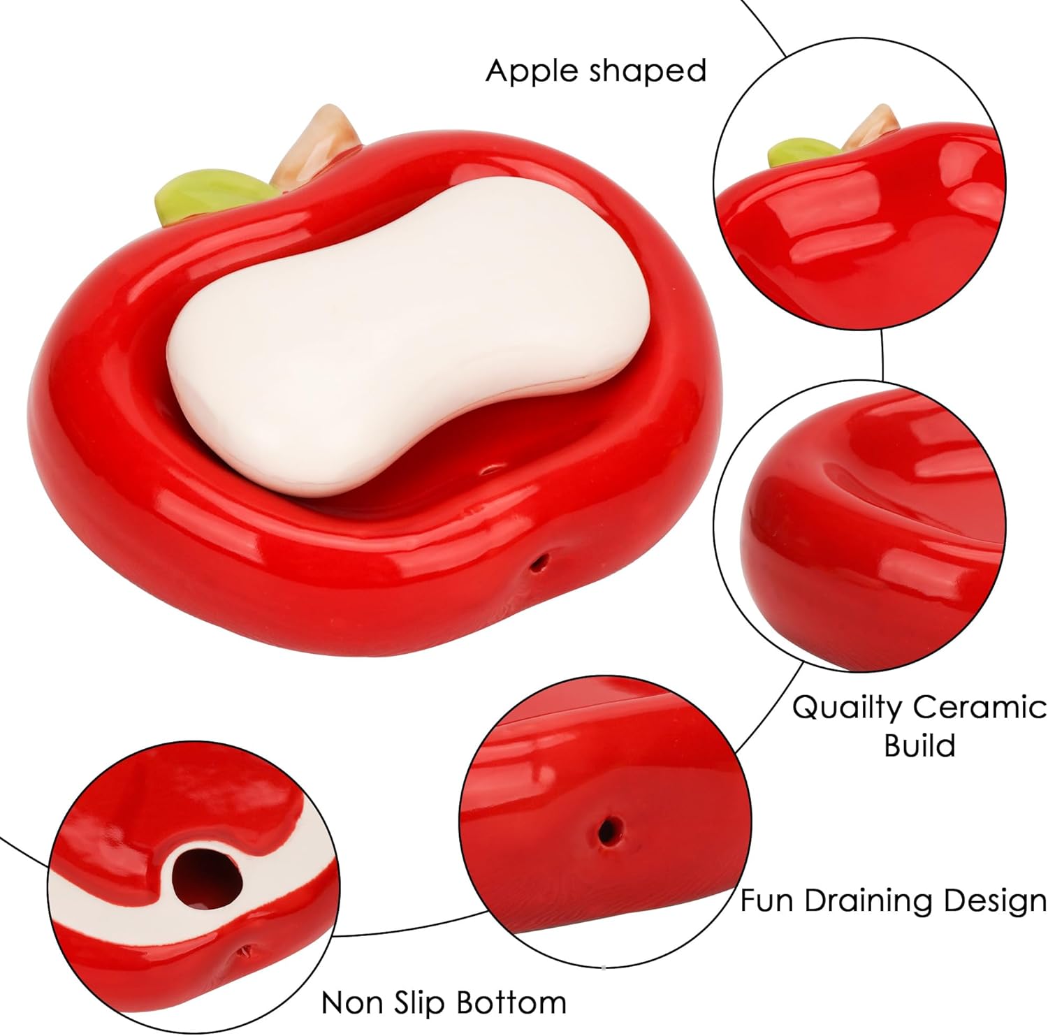 Red Apple Shaped Ceramic Soap Dish, Cute Soap Holder with Drainage Holes, No Lid Sink Side Soap Tray for Bathroom & Kitchen Countertop