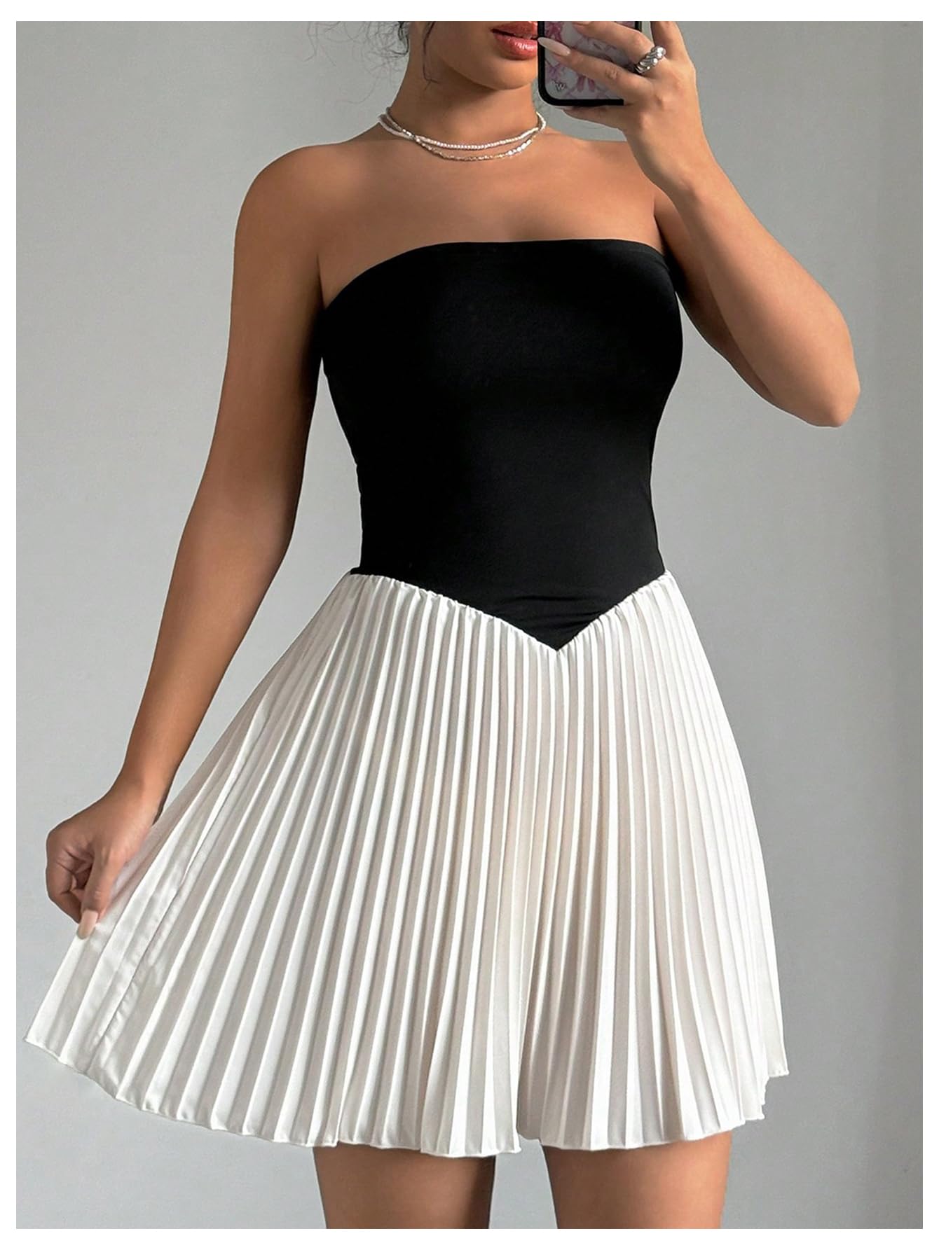 Women's Colorblock Strapless Tube Top Dress Backless Ruffled Pleated A Line Mini Dresses