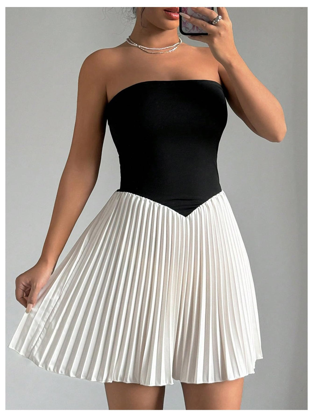 Women's Colorblock Strapless Tube Top Dress Backless Ruffled Pleated A Line Mini Dresses