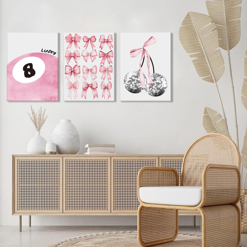 Trendy Blue Wall Art Set of 3, Preppy Navy Blue Wall Decor, Coquette Disco Lucky Me 8 Ball Poster Canvas Prints Aesthetic Pictures Room Dorm