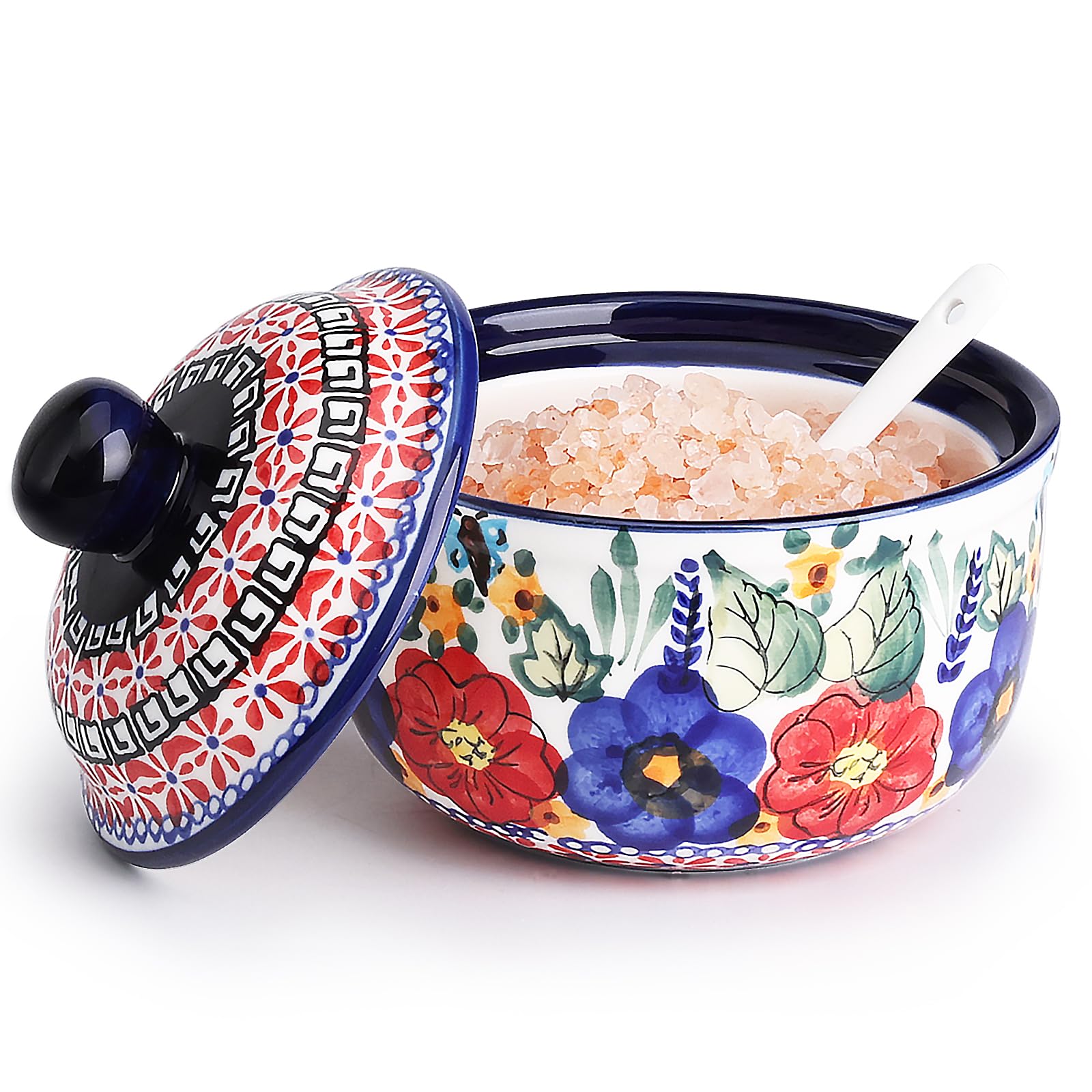 Handmade Sugar Bowl with Lid and Spoon, 10 Ounce Ceramic Hand-Painted Sugar Jar for Kitchen Oven, Dishwasher & Microwave Safe, Glazed