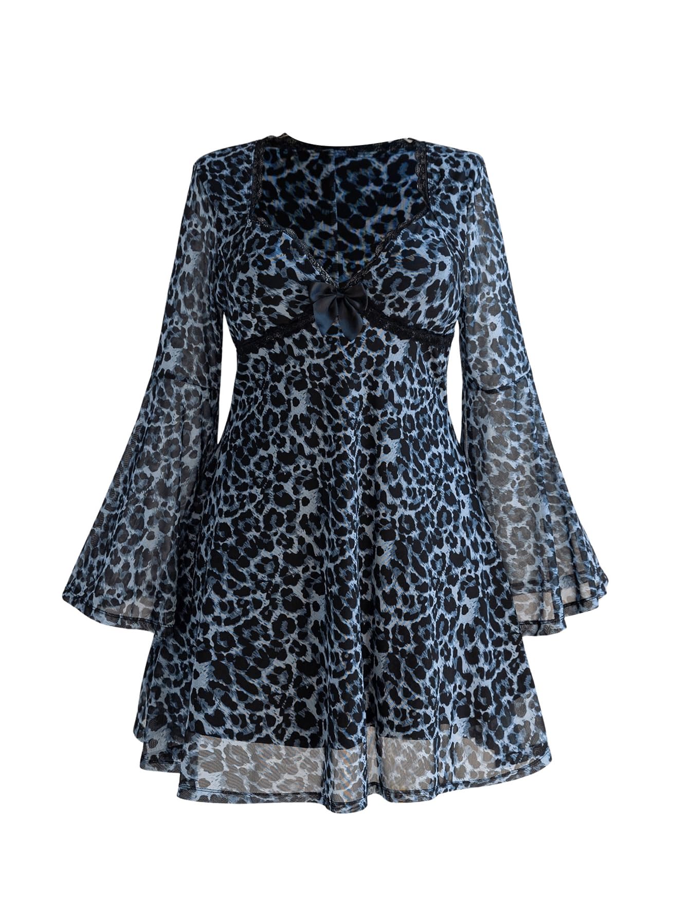 Women's Plus Size Lace Leopard Print Bell Sleeve Bow Front Dress Mini