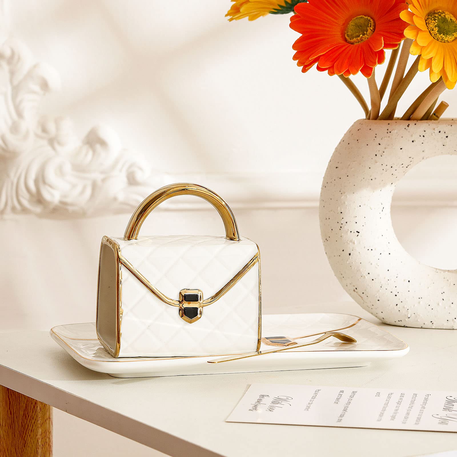 Set Coffee Mug Elegant Handbag Shaped Cup Modern Ceramic Purse Mug with Spoon and Saucer, 10oz Cute Creative Tea Cup