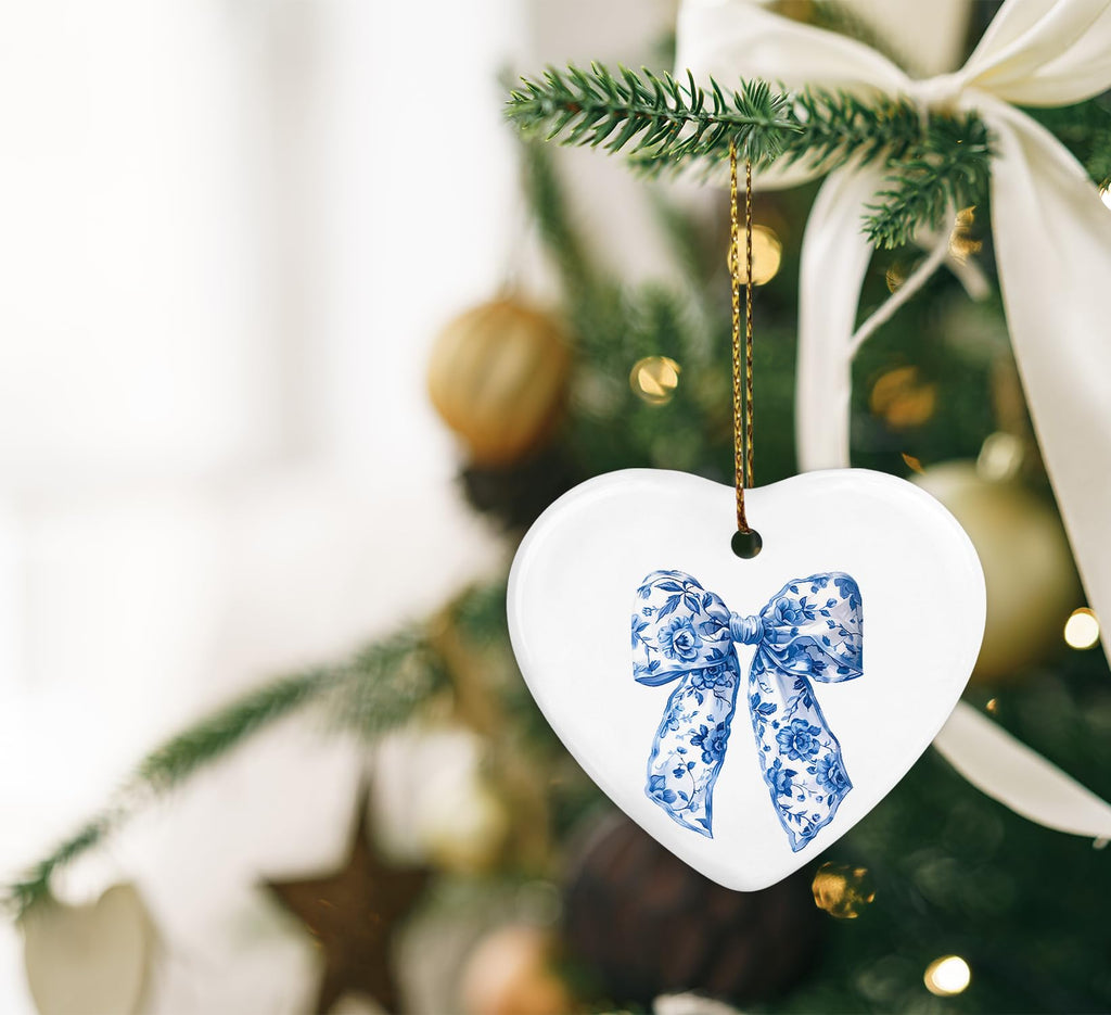 Coquette Trendy Pink Bow Ornament, Keepsake Sign for Decoration, Ceramic Heart