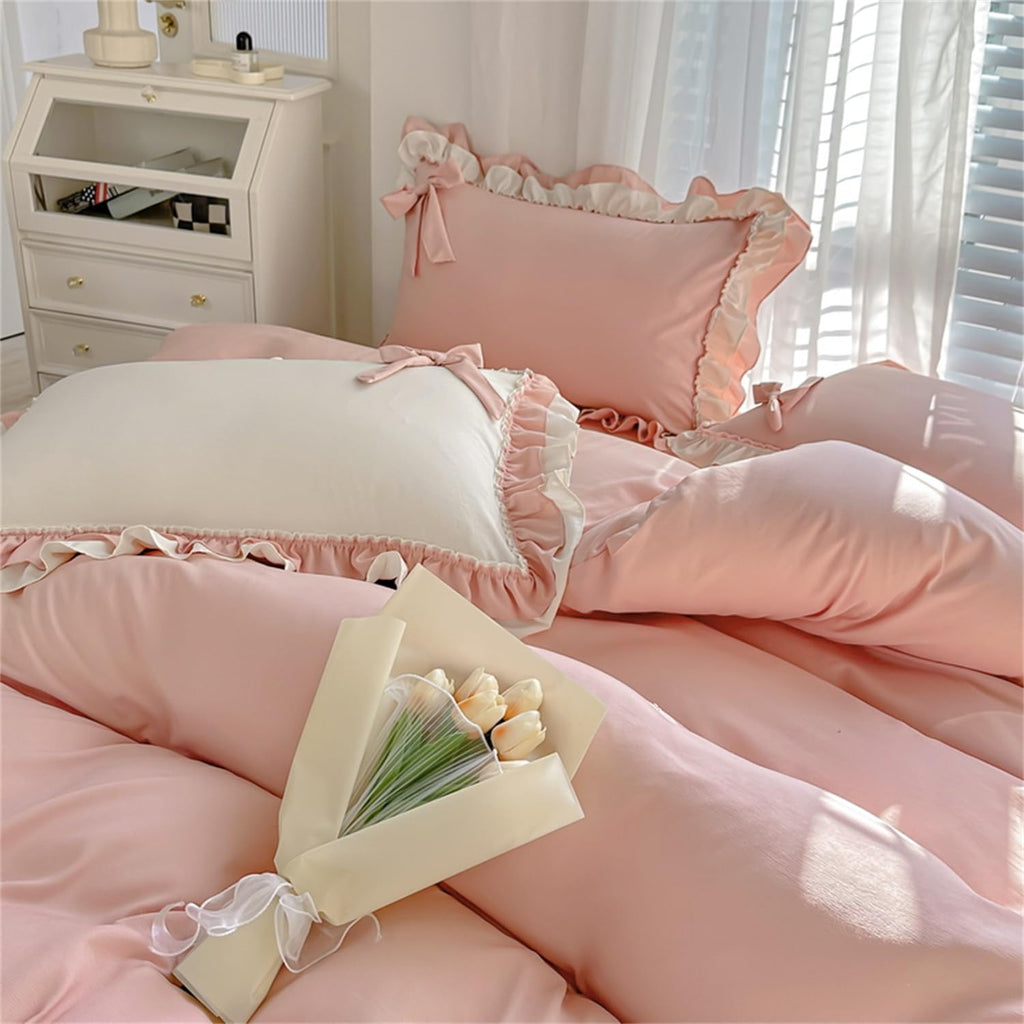 Girls Pink Bow Duvet Cover Princess Ruffle Bedding 100% Washed Microfiber 3pcs,Ruffled Duvet Cover Set