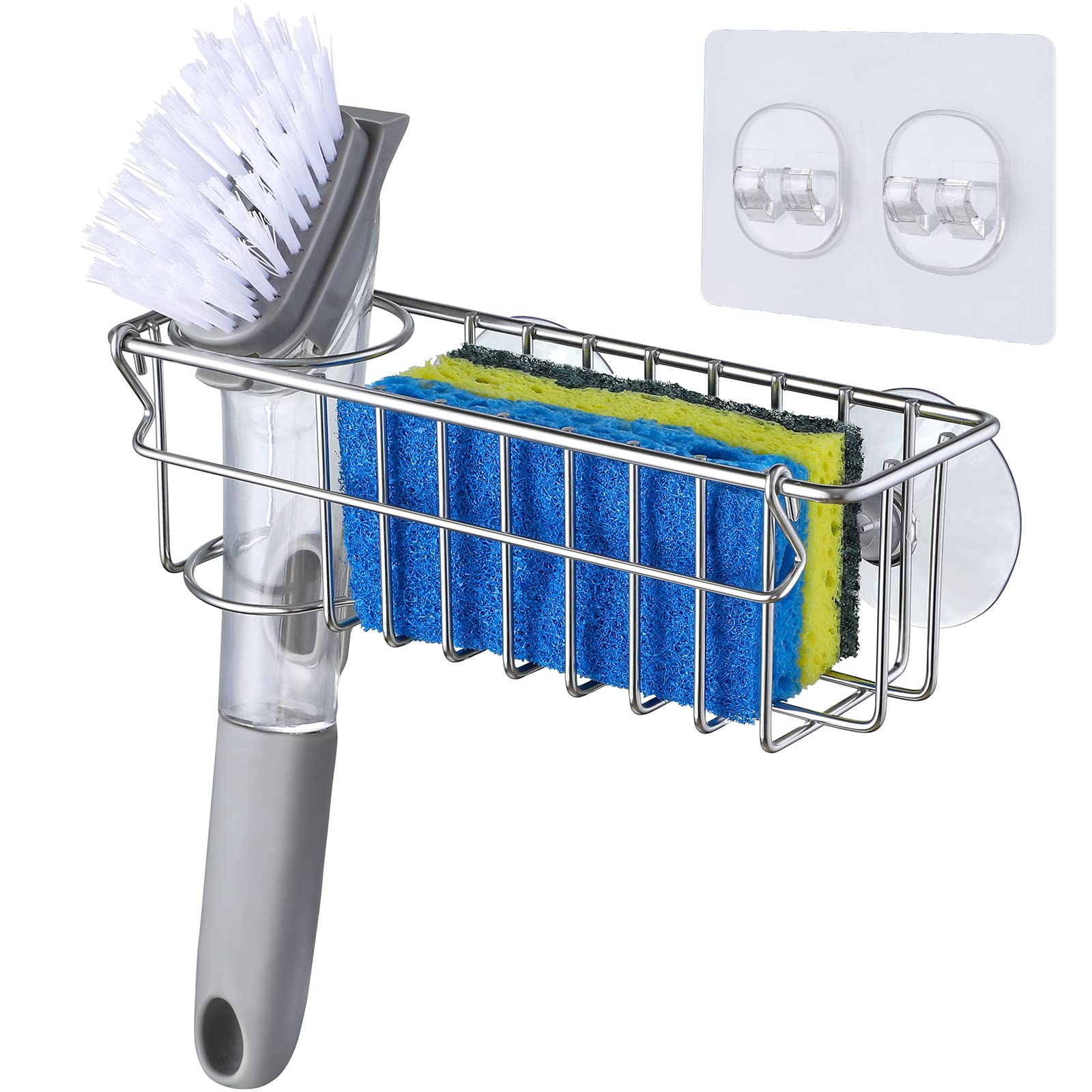 Sponge Holder for Kitchen Sink with Suction Cups & Adhesive Hook, In-sink Sponge Holder, Wall Hanging Sink Caddy Organizer Rack 3-In-1