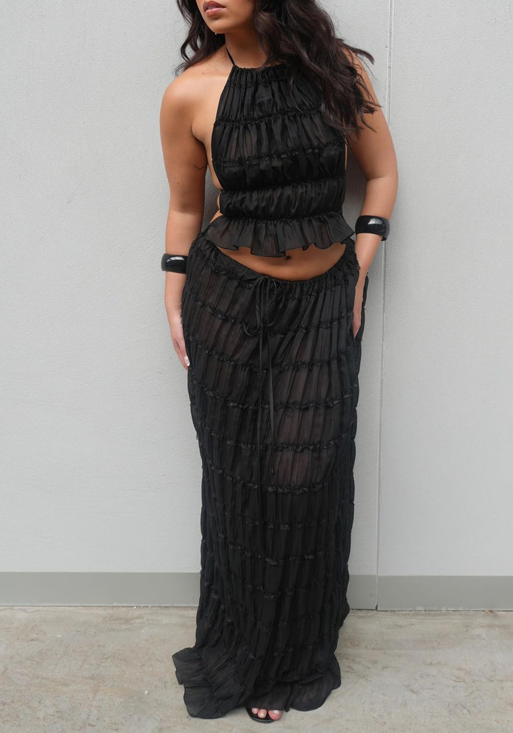 Skirt Sets Women 2 Piece Outfits Backless Halter Top And Pleated Ruffle Flowy Maxi Skirts Y2k Beach Vacation Set