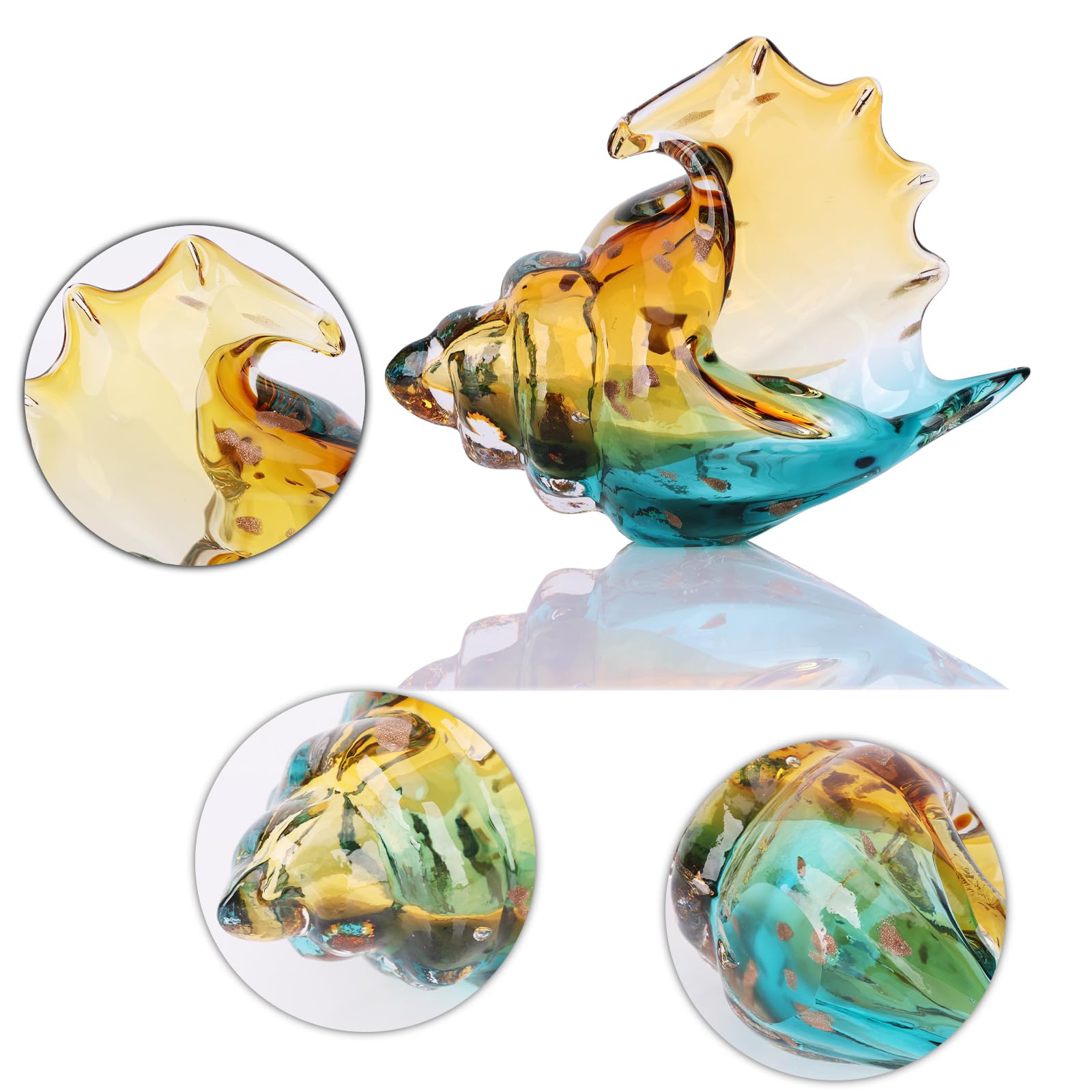 Hand Blown Glass Conch - Coastal Home Decor Conch Corners, Glass Art Conch Sculptures, Office Decor Blown Glass Art, Living Room Table Centerpieces, Bathroom Shelf Tops And Cabinet Decor