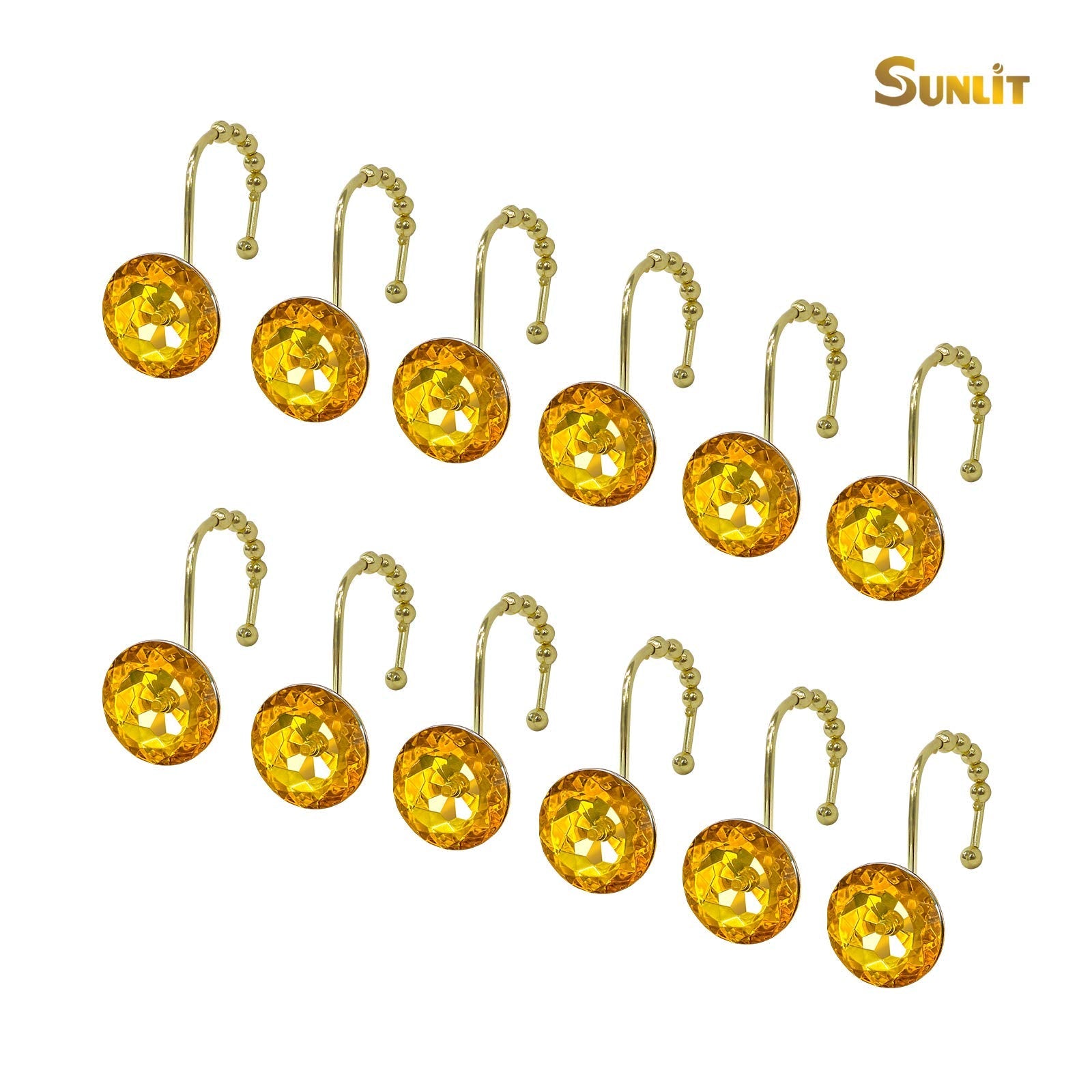 Luxury Design Round Diamond Crystal Gem Bling with Glide Balls Shower Curtain Hooks, Rust Proof Metal Rhinestones Glam Shower Curtain Rings-12 Pack