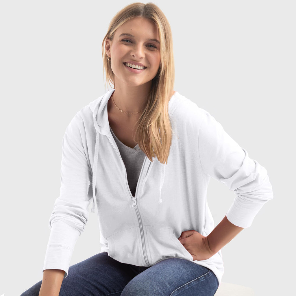 Women's Slub Knit Full-Zip Hoodie, Textured Cotton Zip-Up T-Shirt Hoodie