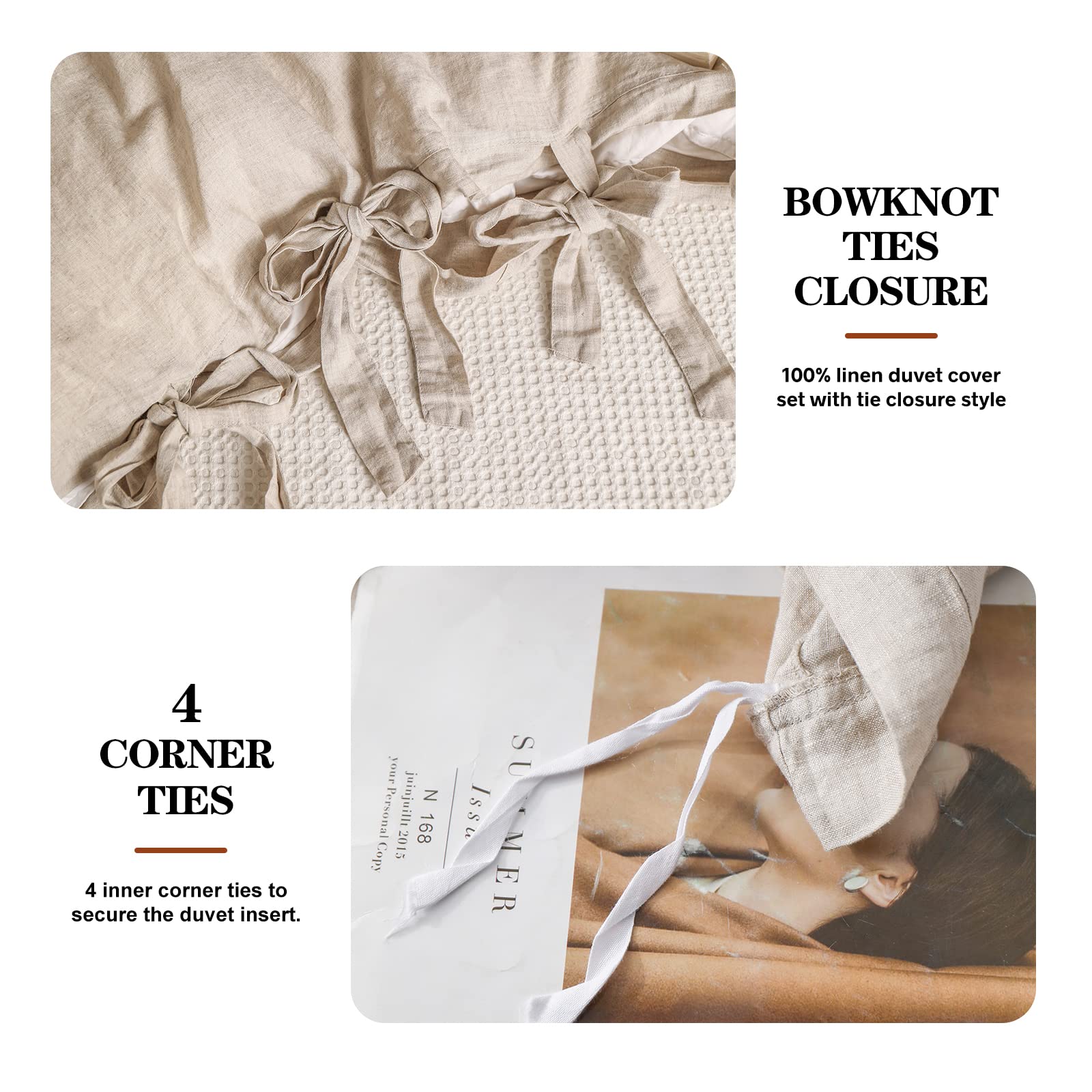 The 100% Linen Duvet Cover Set, 3 Pieces Belgian Flax Breathable Bedding,(1 Comforter Cover+2 Pillowshams) with Tie Closure Style