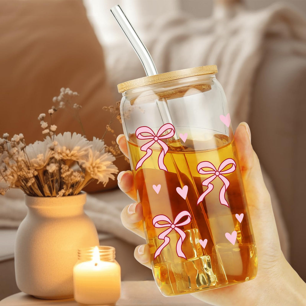 Cherry Bow Cup, Birthday Gifts for Women, Girly Gifts for Her, Sister, Mom, Colleague - 16 OZ Glass Tumbler with Straw & Lid, Coquette Iced Cup