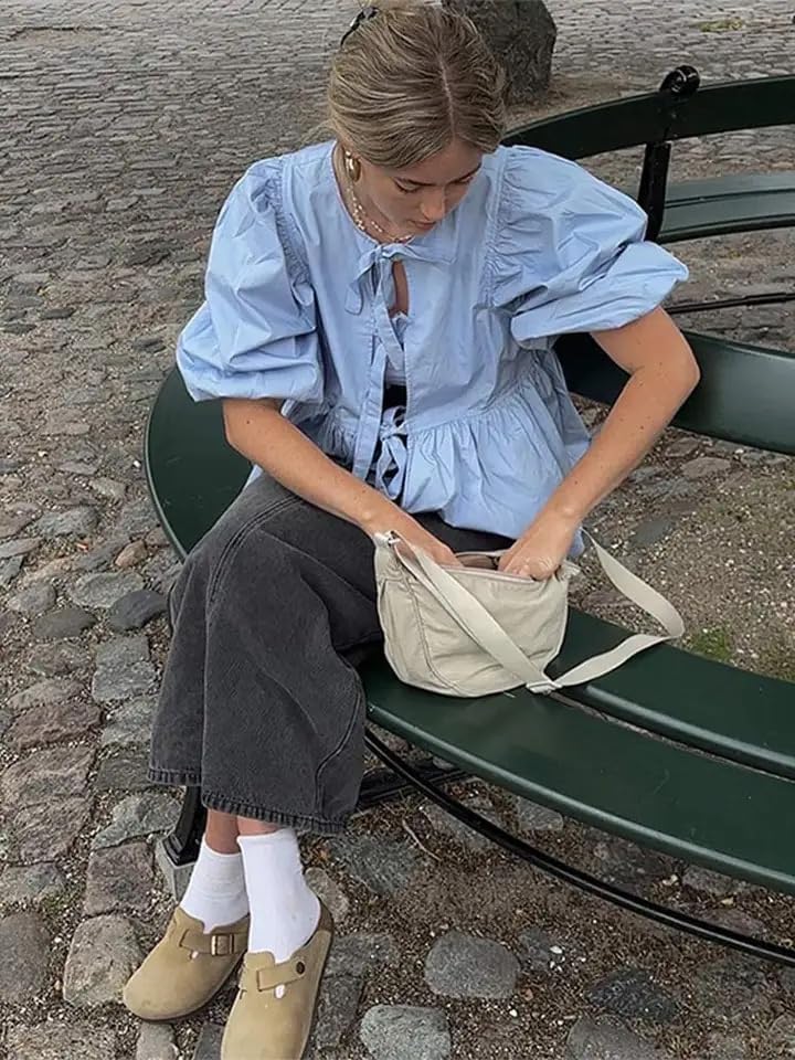 Tie Front Tops Womens Y2k Print Peplum Babydoll Top 3/4 Length Puff Sleeve Coquette Cute Going Out Tops