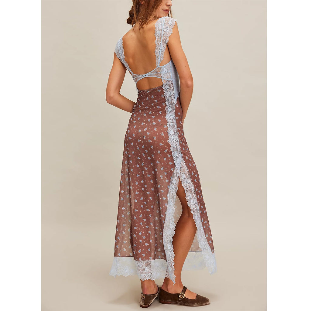 Women Sleeveless Maxi Dress Backless Bodycon Floral Printed Spaghetti Strap Long Dress Sheer Mesh Summer One-Piece