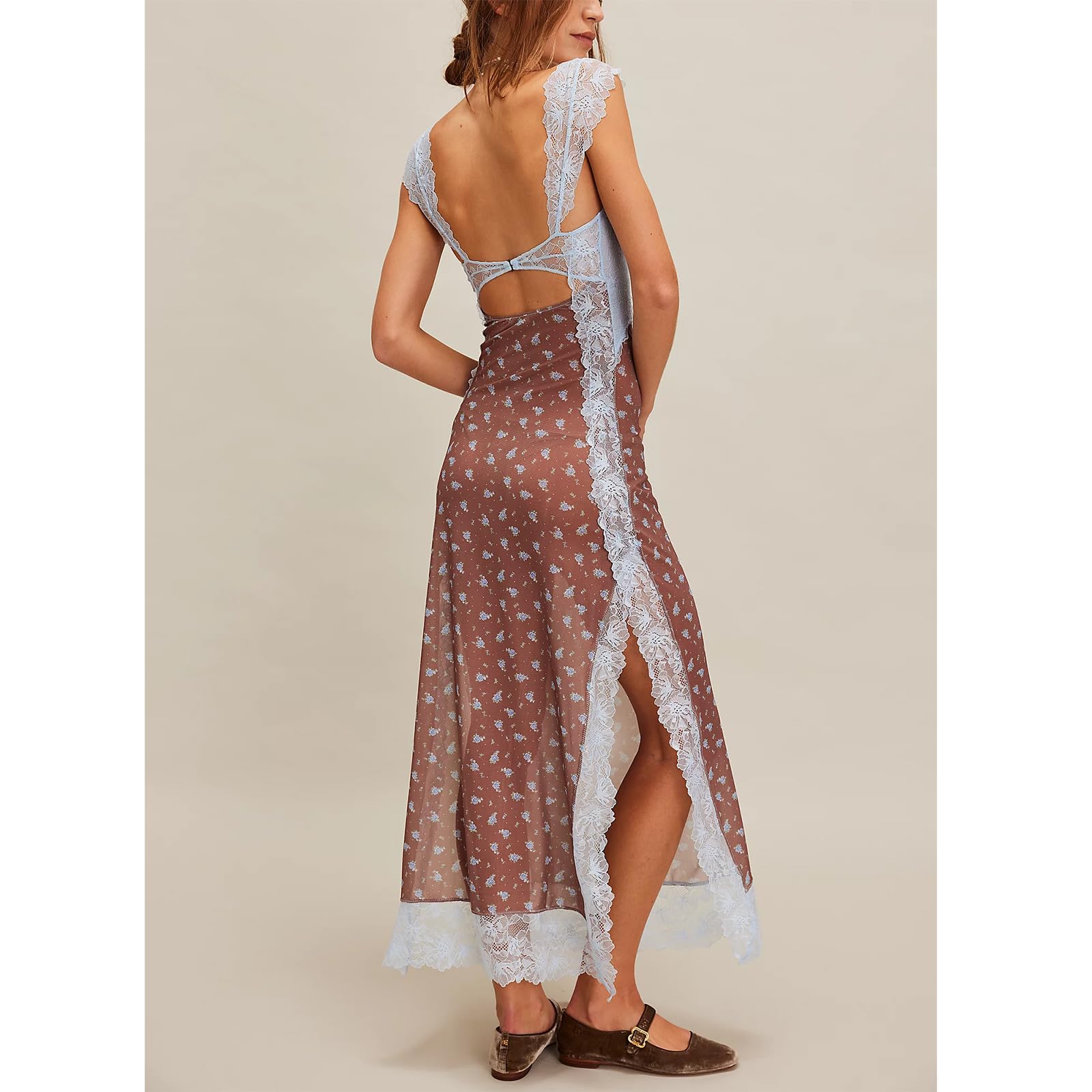 Women Sleeveless Maxi Dress Backless Bodycon Floral Printed Spaghetti Strap Long Dress Sheer Mesh Summer One-Piece
