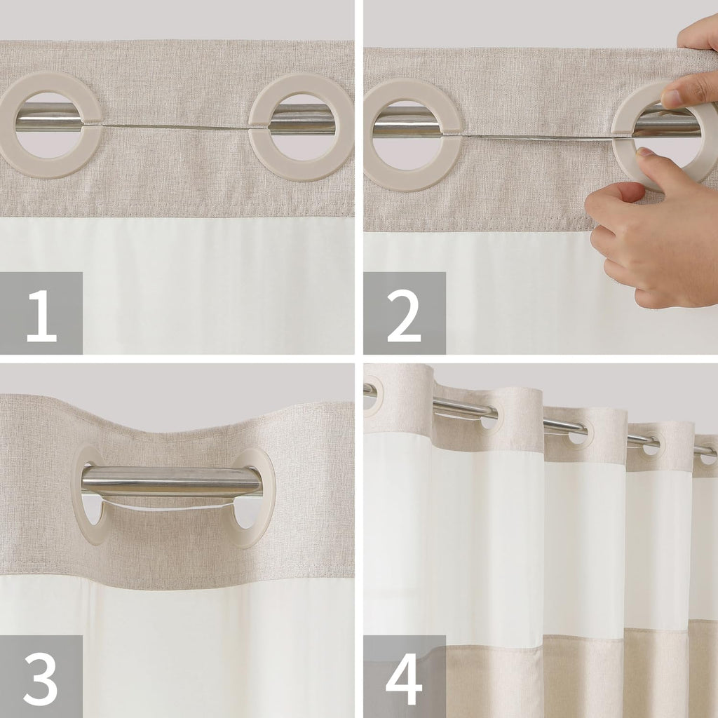 No Hooks Needed Linen Textured Shower Curtain with Snap-in Fabric Liner Set, Luxury Decor Shower Curtains for Bathroom with Mesh Top Window, Waterproof & Washable