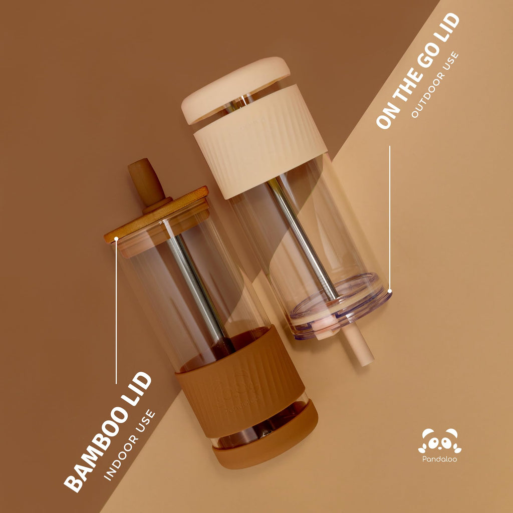 Pandaloo® Glass Cups With Lids and Straws -20 Fl Oz- Perfect Size Iced Coffee Cup - Smoothie Cup With Bamboo Lid and On the go Lid - Glass Tumbler With Straw