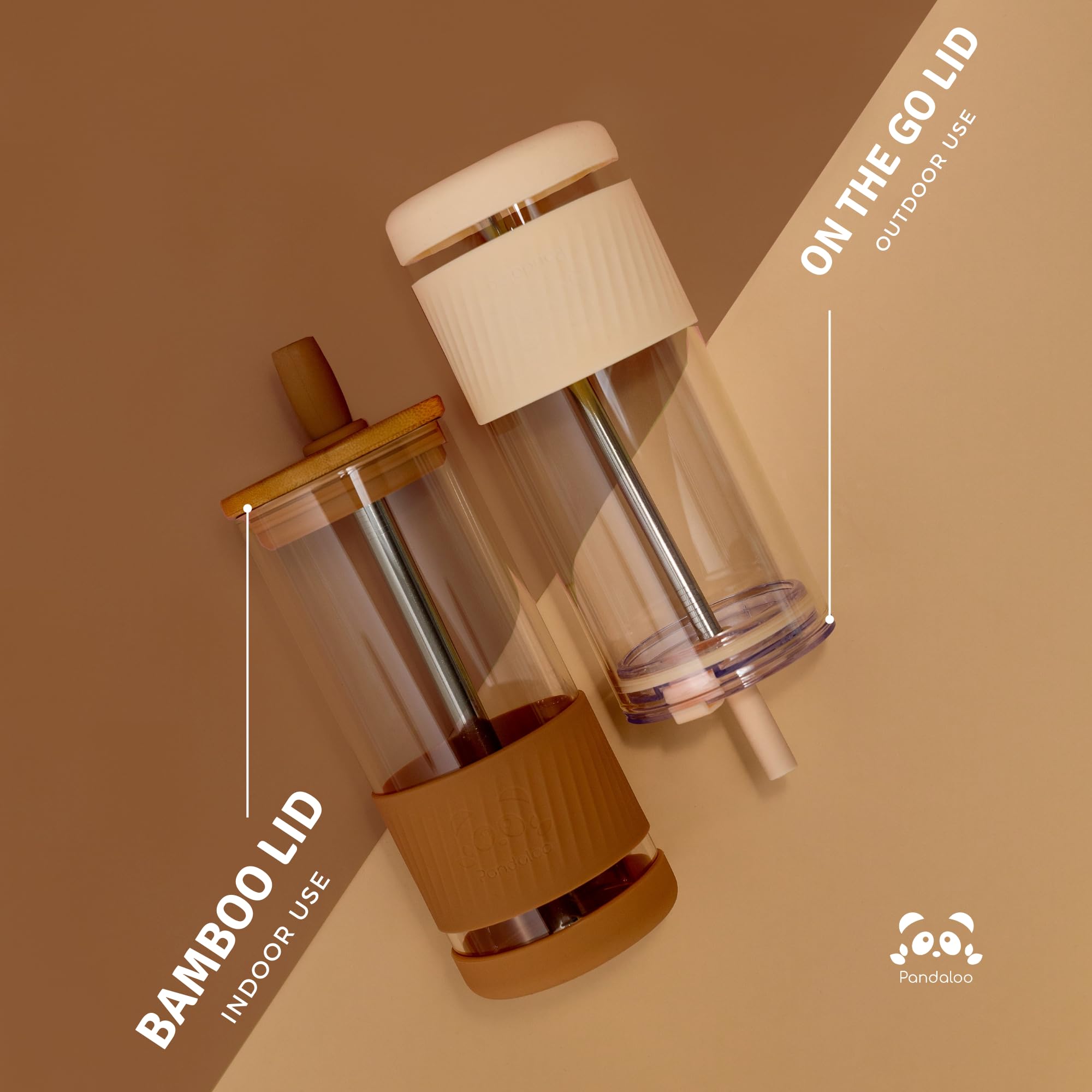 Pandaloo® Glass Cups With Lids and Straws -20 Fl Oz- Perfect Size Iced Coffee Cup - Smoothie Cup With Bamboo Lid and On the go Lid - Glass Tumbler With Straw