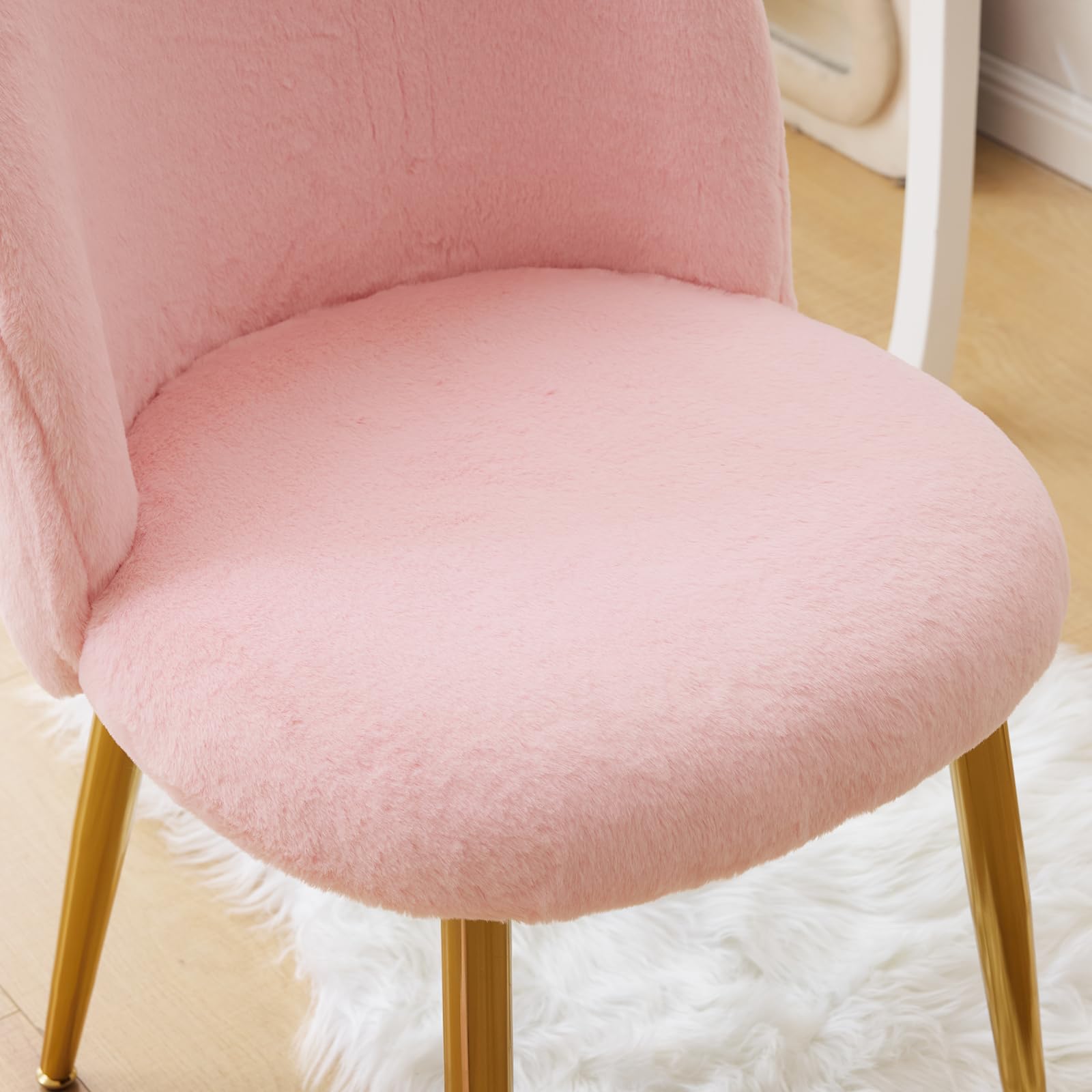 Cute, non-wheeled desk chair with backrest, fluffy cushion, cozy makeup chair with adjustable golden legs