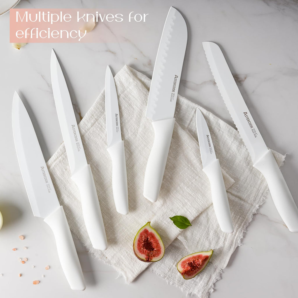 Colorful Kitchen Knives Set with Block and Sharpener Ceramic Coating 15 Pcs German Stainless Steel Knives Sharp Blade Dishwasher Safe Knife Block Set with Ergonomic Handle