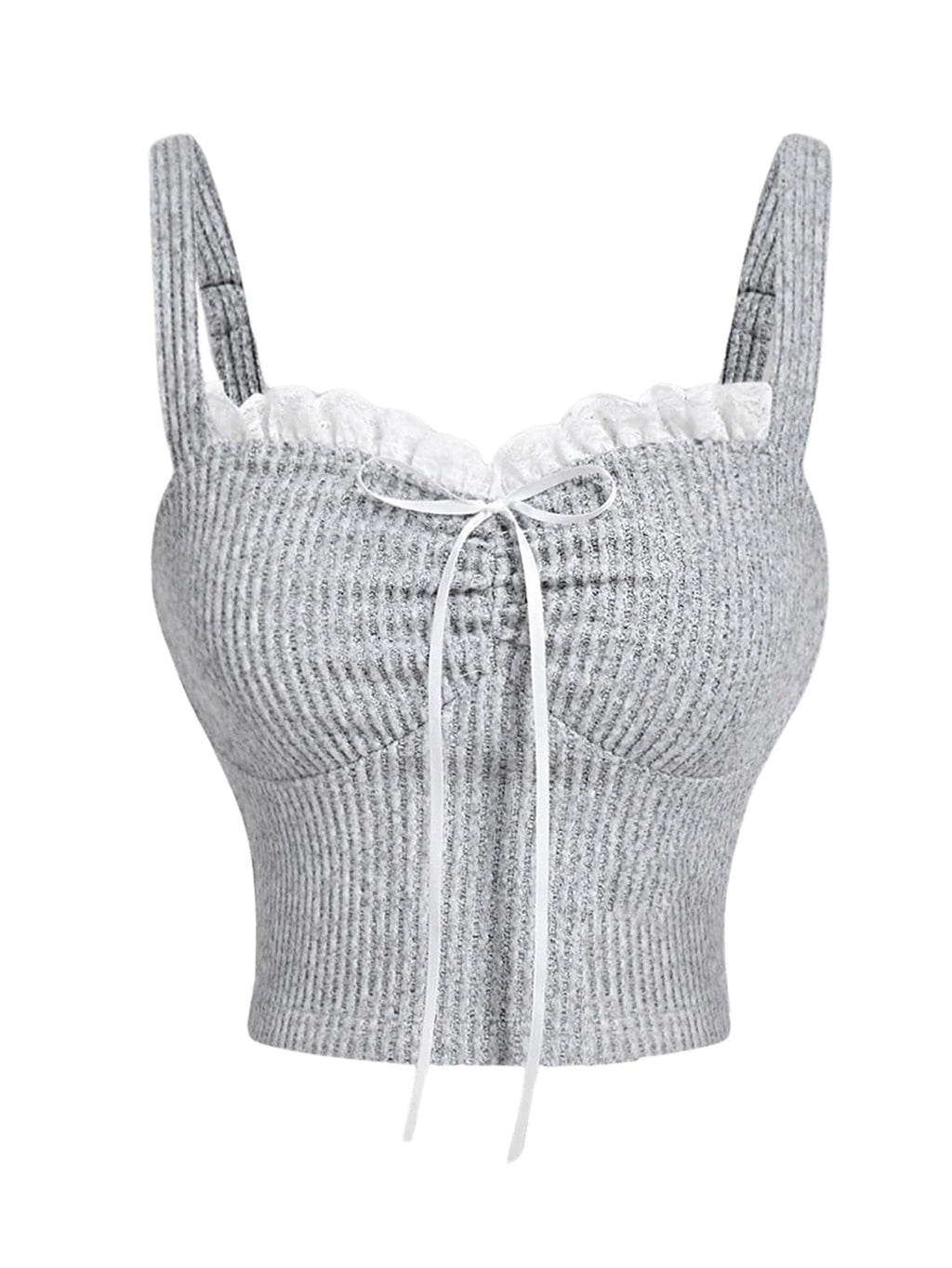 Women's Frill Trim Bow Front Camisole Tank Tops Rib Knit Sleeveless Top