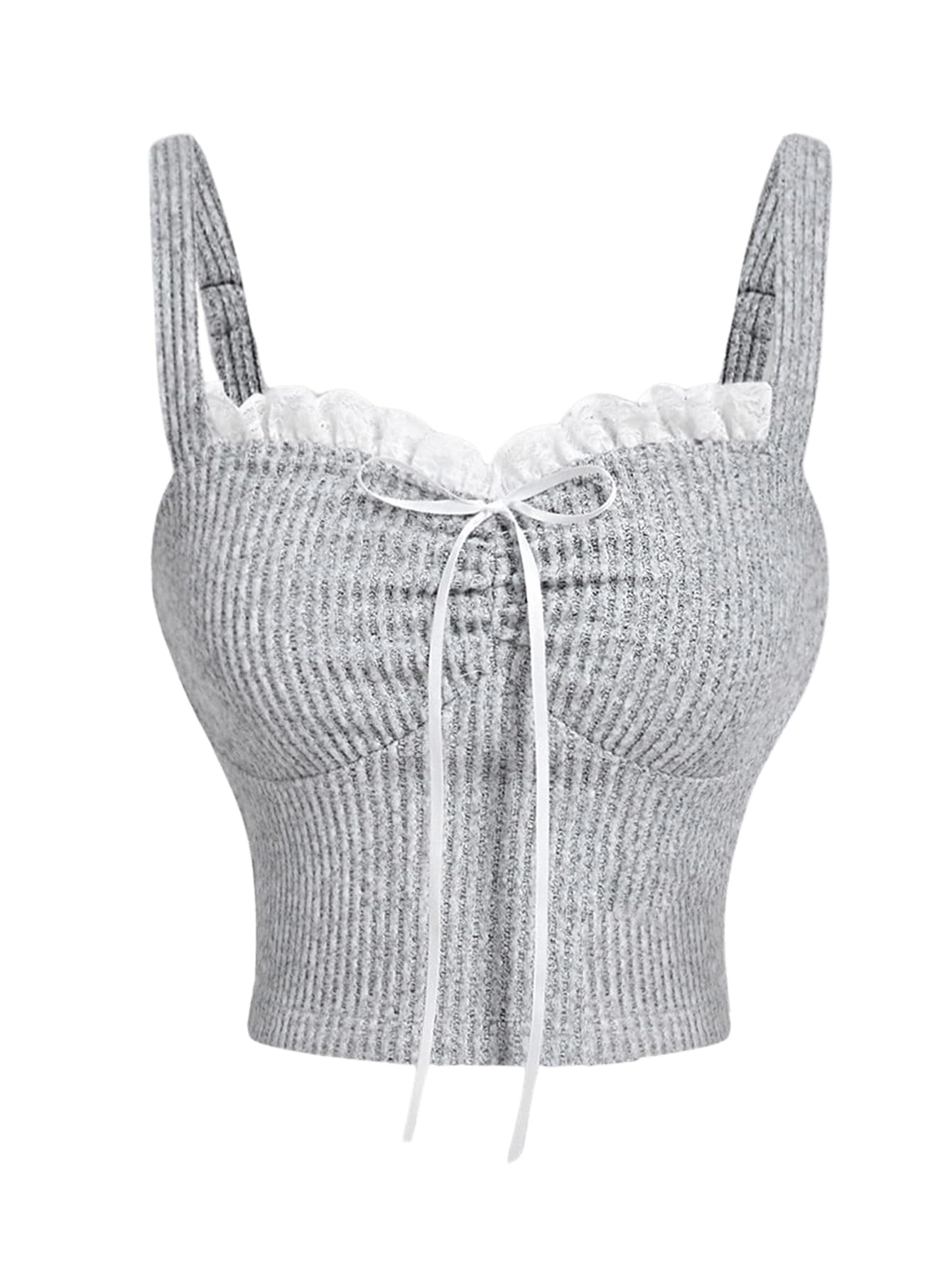 Women's Frill Trim Bow Front Camisole Tank Tops Rib Knit Sleeveless Top