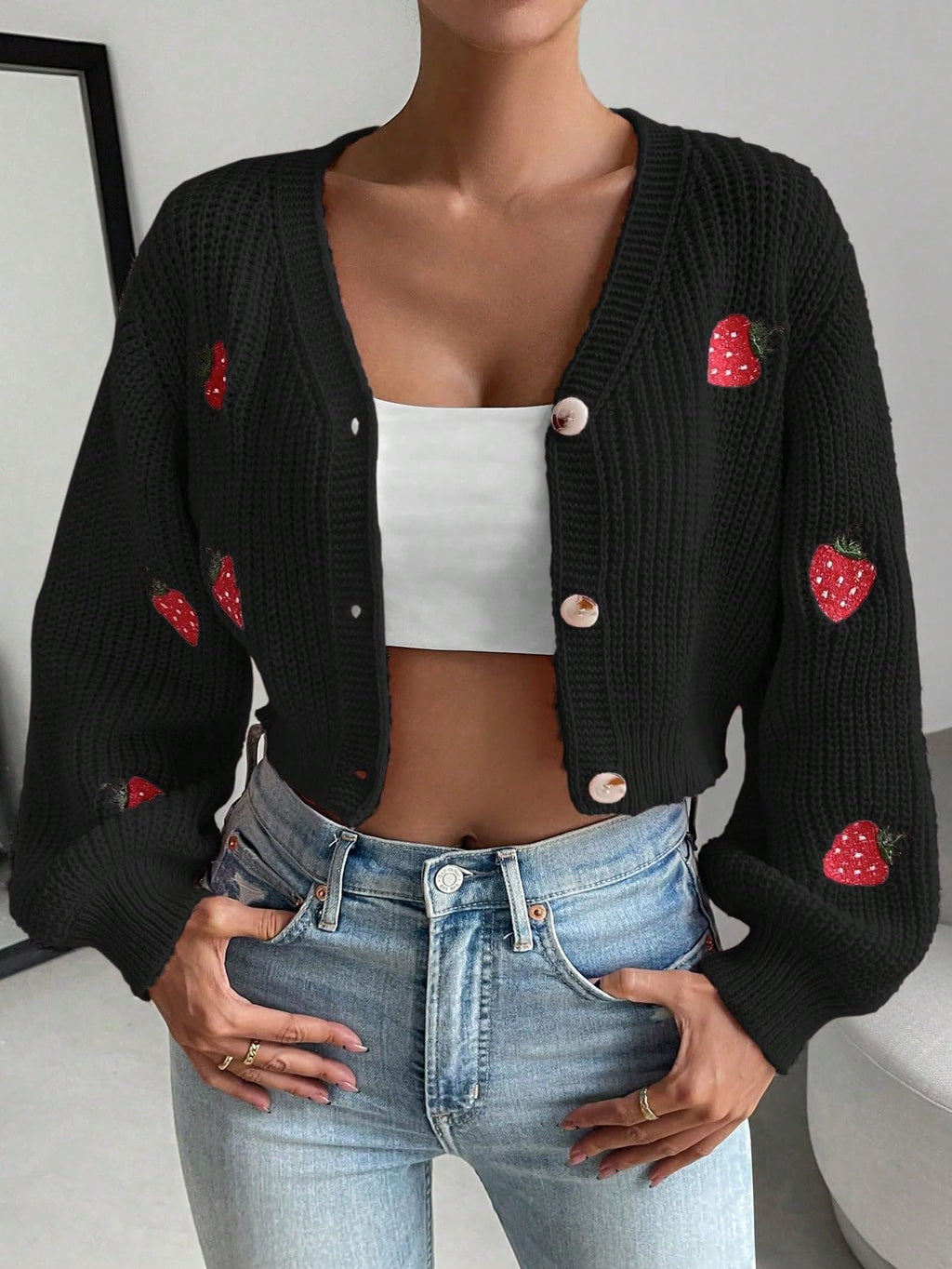 Women's Strawberry Embroidery Crop Cardigan Drop Shoulder Button Up Sweater Tops V Neck Outerwear