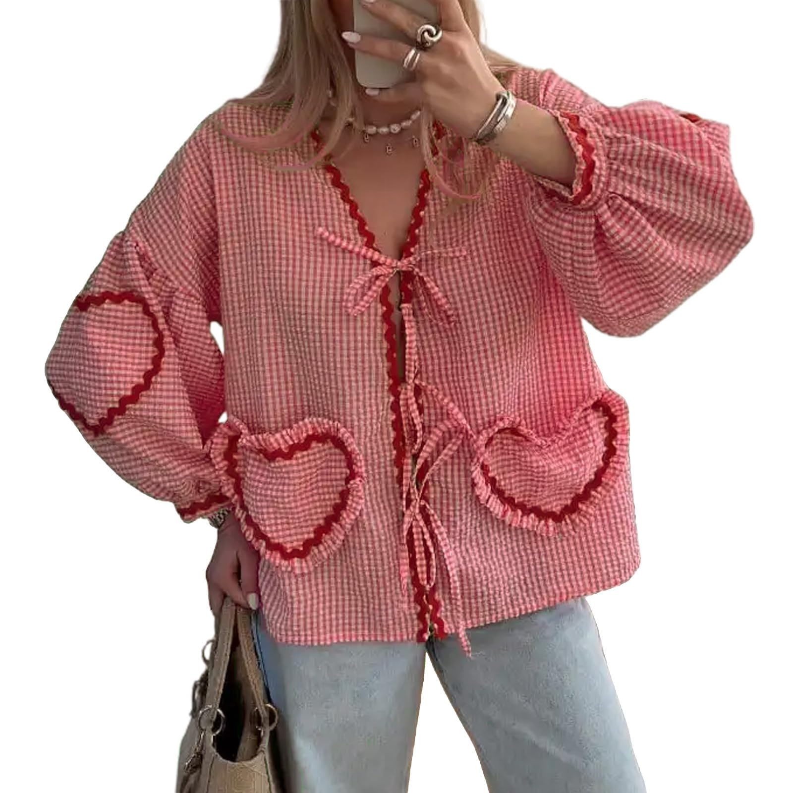 Tie Front Tops for Women Gingham Babydoll Bow Top Puff Sleeve Coquette Tops Heart Long Sleeve Cute Spring Tops