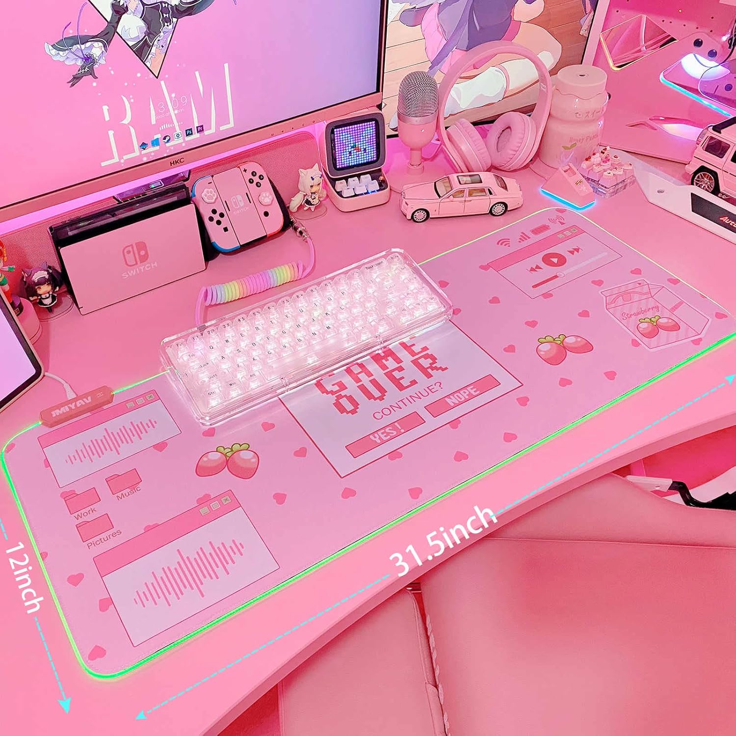 Pink RGB Gaming Mouse Pad 31.5x12 Inch PC XL Large Extended Glowing Led Light Up Desk Pad Non-Slip Rubber Base Computer Mouse Pad Cute Mousepad Mat 31.5x12 Inch