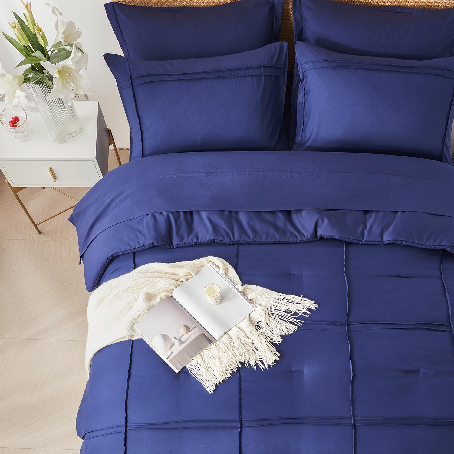 Comforter Set 7 Piece Bed in a Bag, Grid Pinch Pleat Bedding Set, Striped Textured Soft Microfiber Comforter with Sheet Set