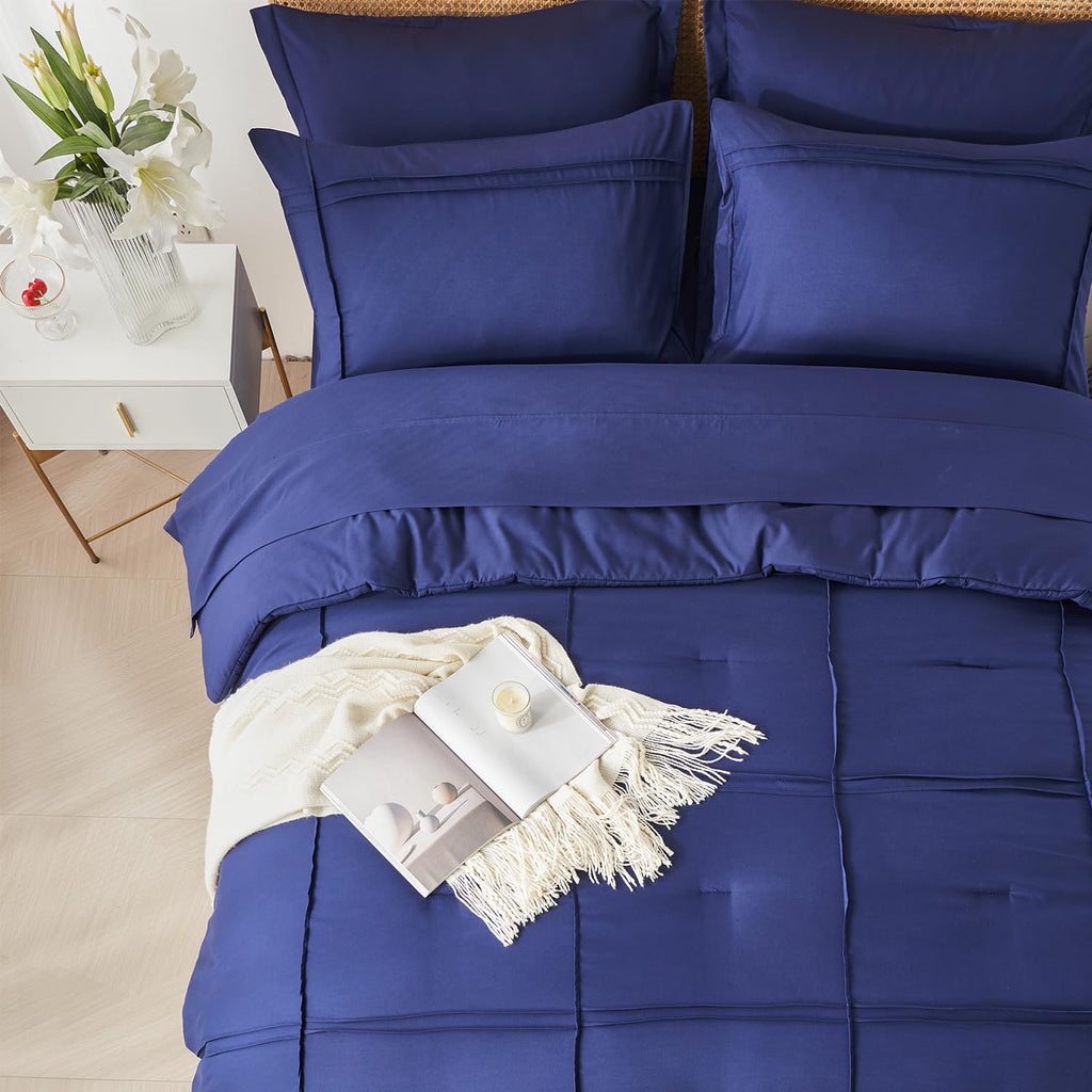 Comforter Set 7 Piece Bed in a Bag, Grid Pinch Pleat Bedding Set, Striped Textured Soft Microfiber Comforter with Sheet Set