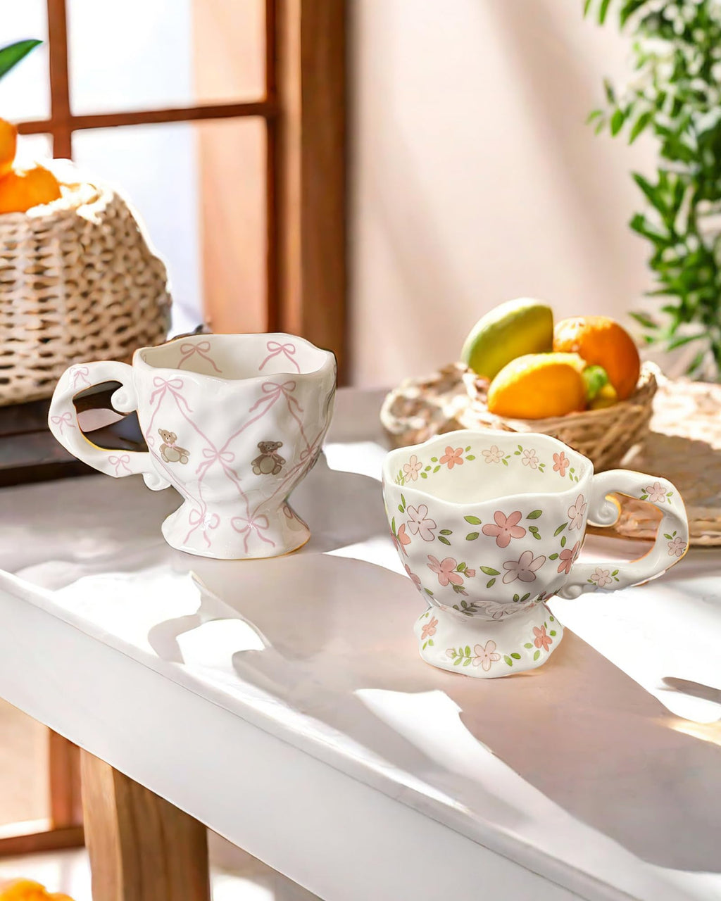 Handmade Kawaii Ceramic Mug with Pink Bow and Cute Bear â€?14 oz Novelty Cup