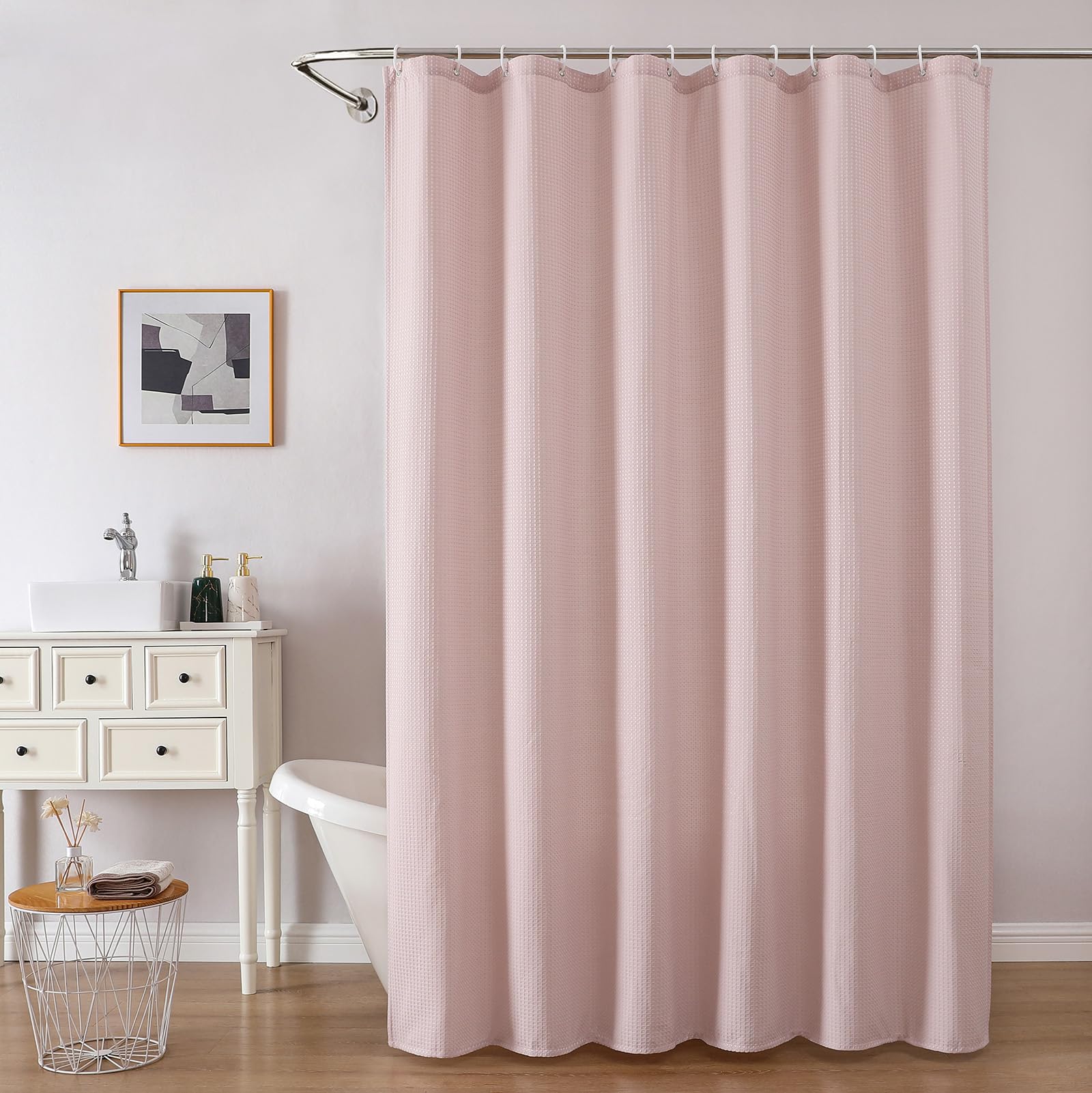 Waffle Textured Heavy Duty Fabric Shower Curtain for Bathroom, Luxury Hotel Weighted 230GSM Bath Curtain with 12 Plastic Hooks, Machine Washable, 72x72