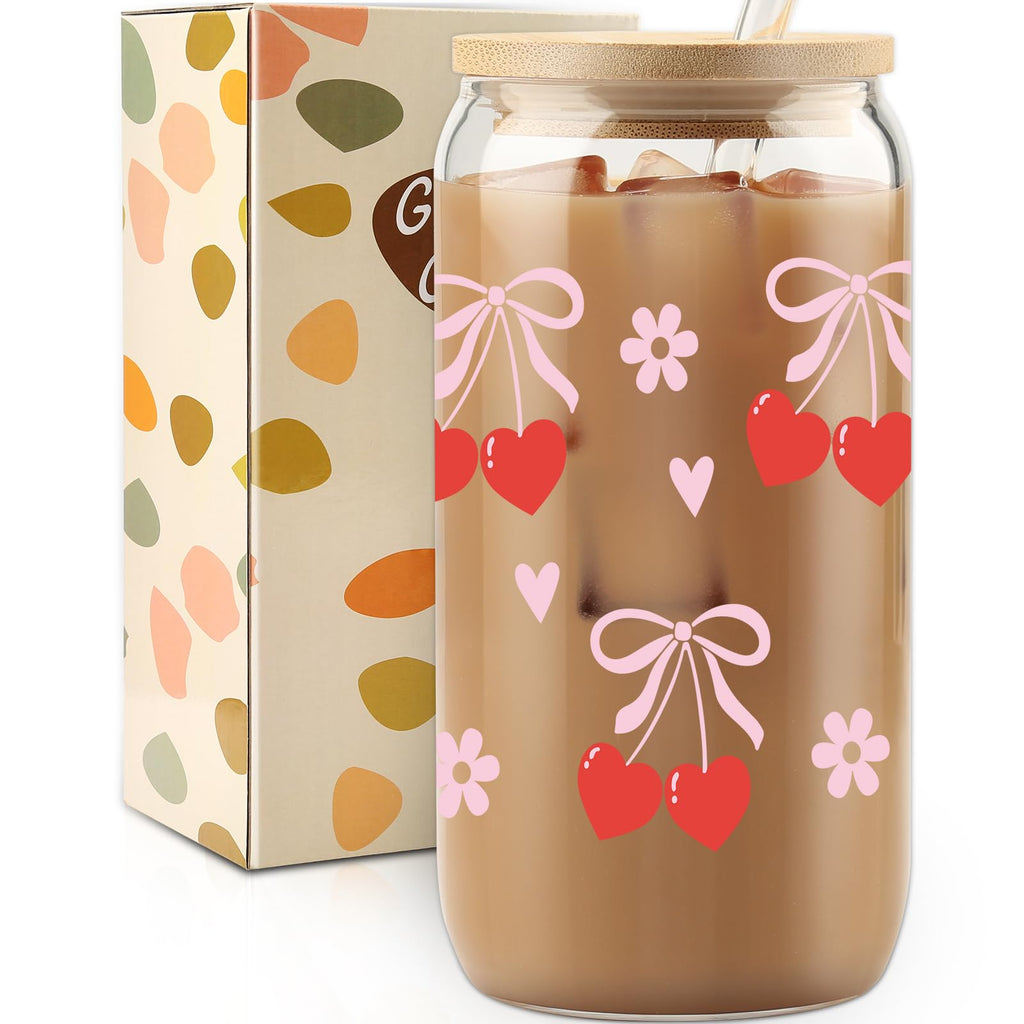 Cherry Bow Cup, Birthday Gifts for Women, Girly Gifts for Her, Sister, Mom, Colleague - 16 OZ Glass Tumbler with Straw & Lid, Coquette Iced Cup