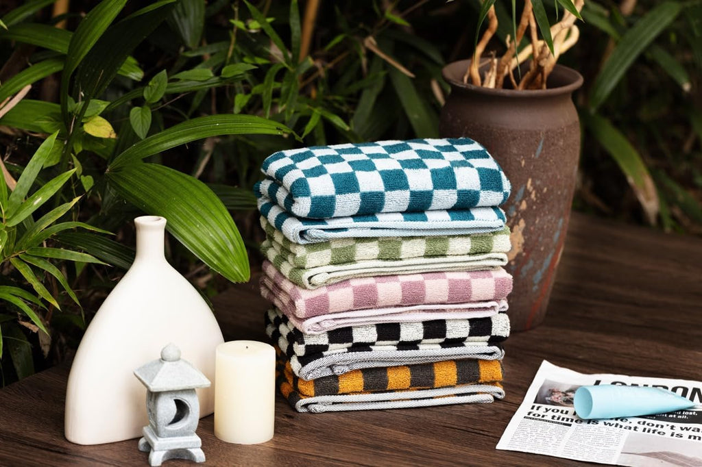 Cotton Face Towels Soft Hand Towels 5 Pack - Absorbent, and Decorative Checkered Design 13 x 29 Inches