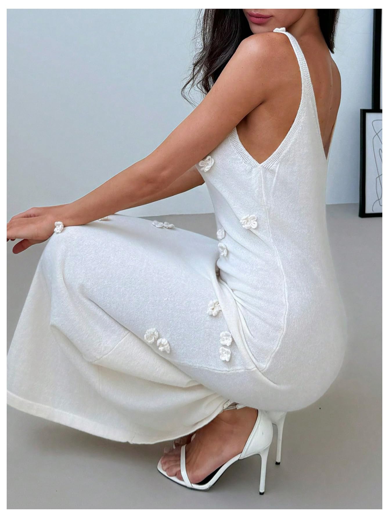 Women's Maxi Floral Appliques V Neck Sleeveless Summer Bodycon Dresses