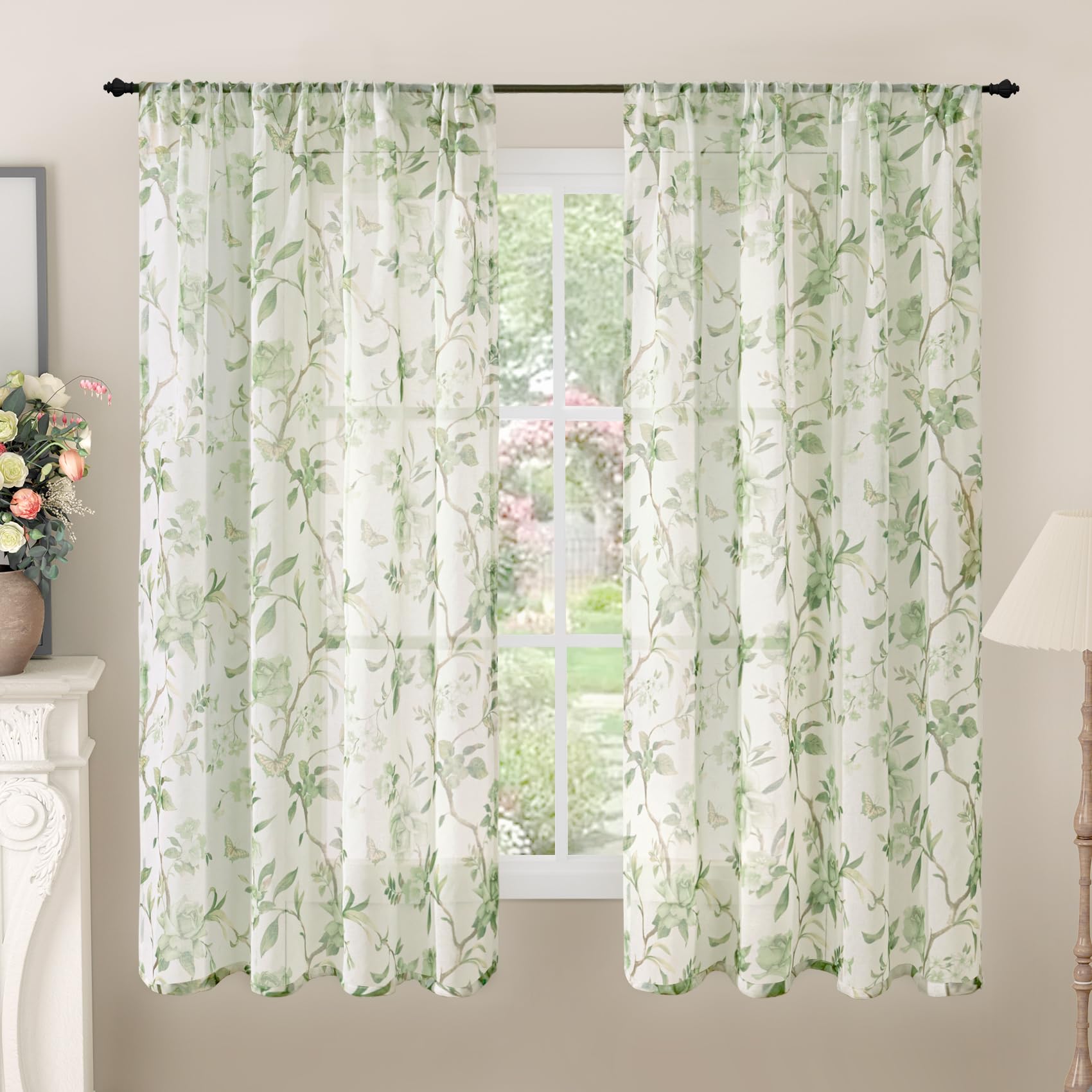 Floral Sheer Curtains, Vintage Light Filtering Semi-Sheer Linen Curtains