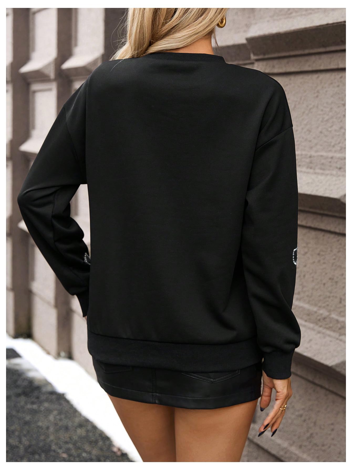 Women's Bow Sweatshirt Rhinestone Long Sleeve Crew Neck Loose Tops