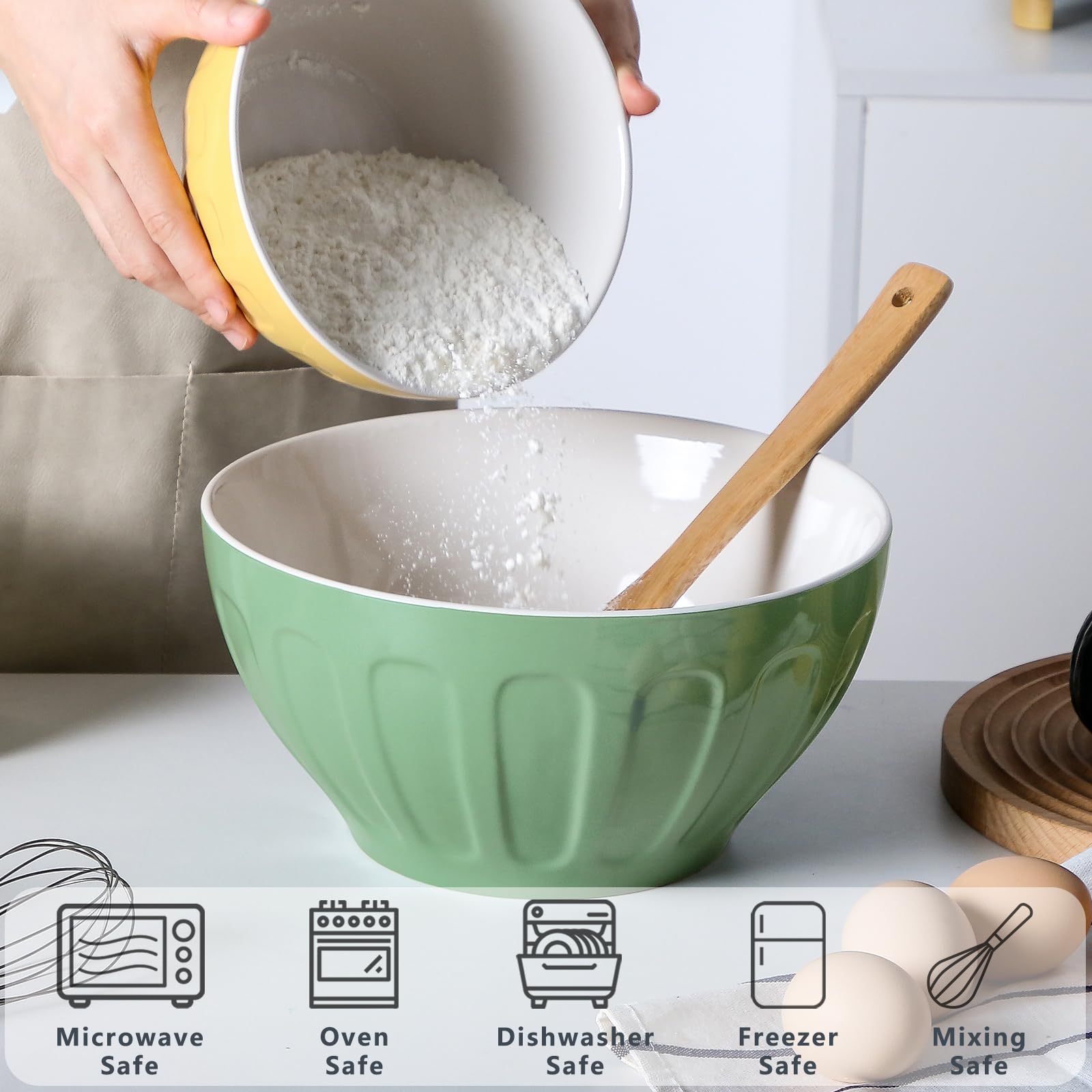 Ceramic Mixing Bowls for Kitchen, 3-Piece Large Colorful Serving Bowls, 3.13/1.68/1.18 Qt Deep Microwaveable Nesting Bowl, Stackable and Functional