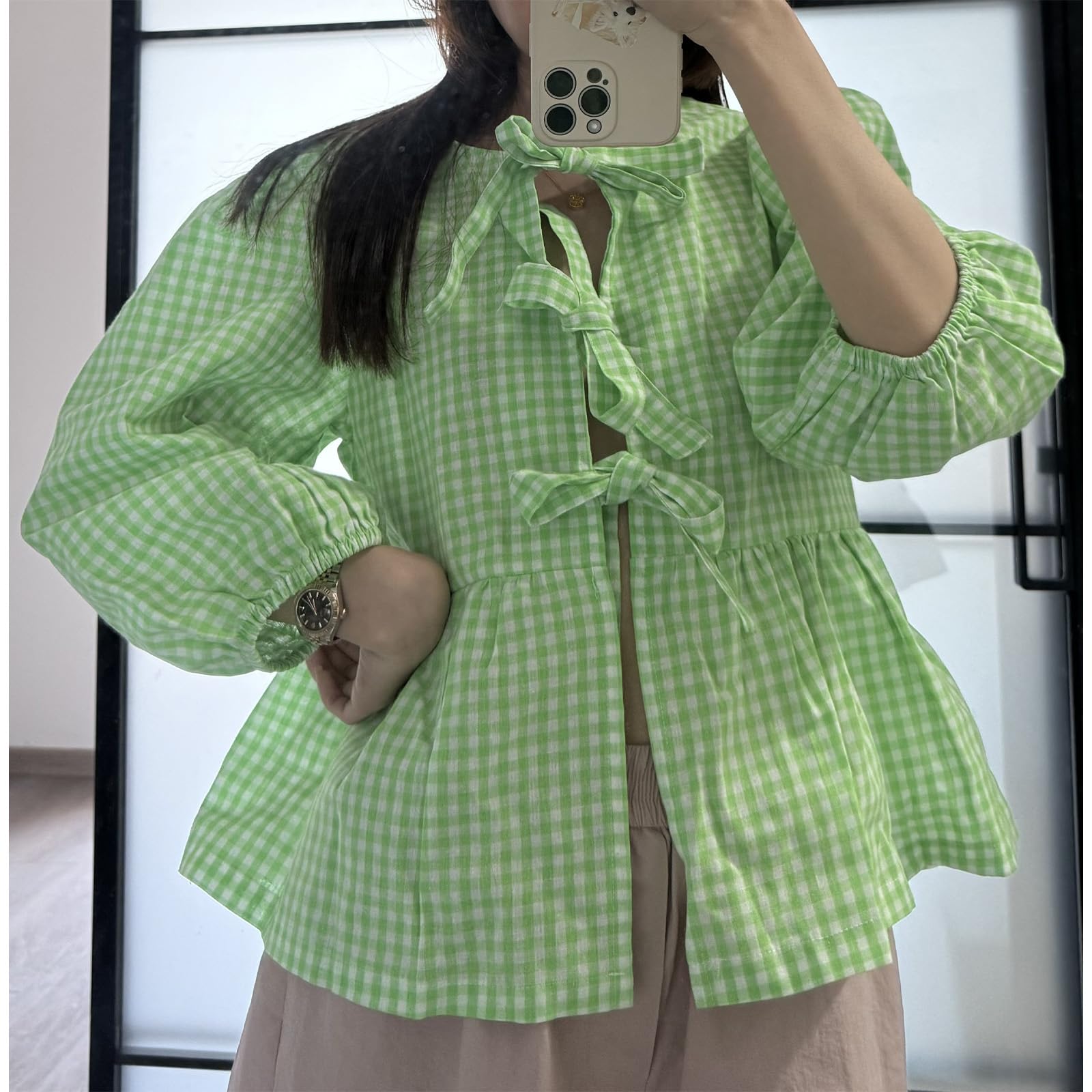 Tie Front Tops Womens Y2k Print Peplum Babydoll Top 3/4 Length Puff Sleeve Coquette Cute Going Out Tops