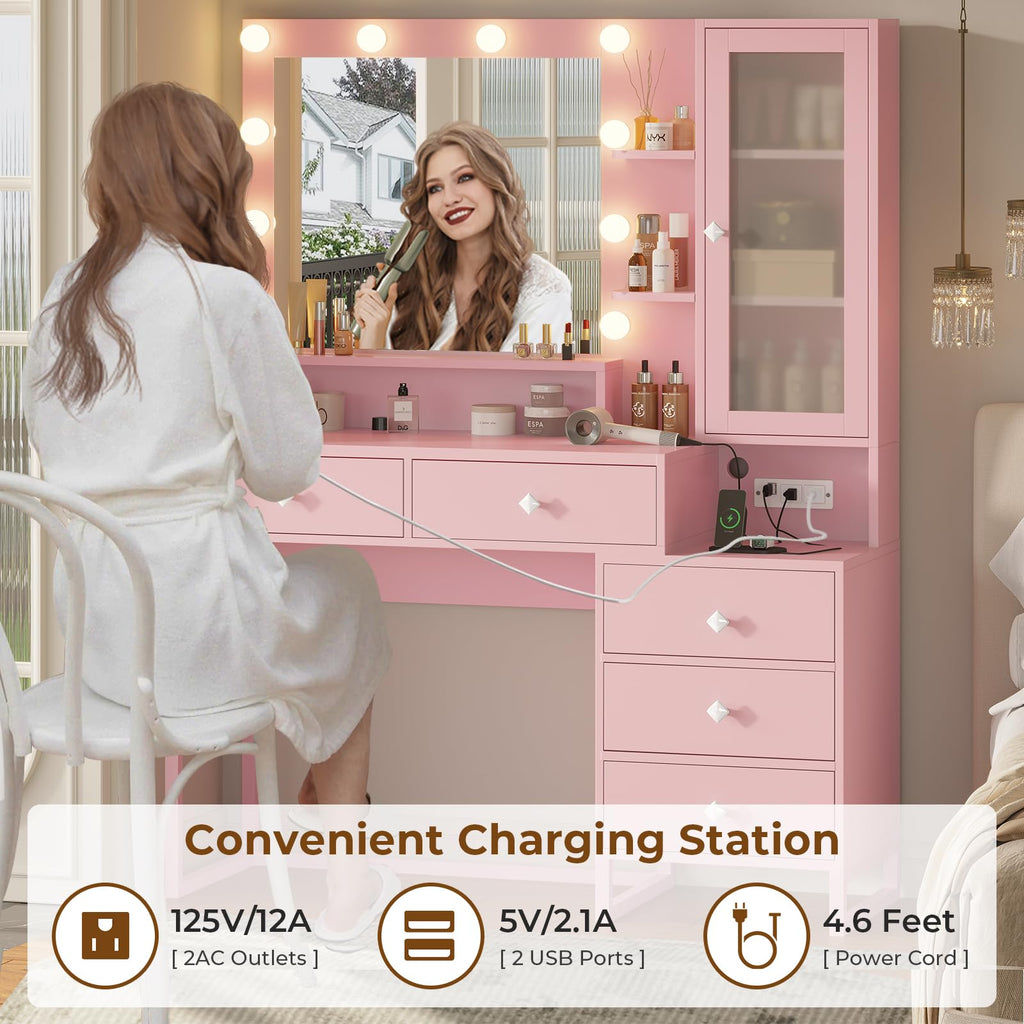 Vanity Desk with Mirror and Lights & Charging Station, White Vanity Table with 5 Storage Drawer & Glass Door & 3 Shelves