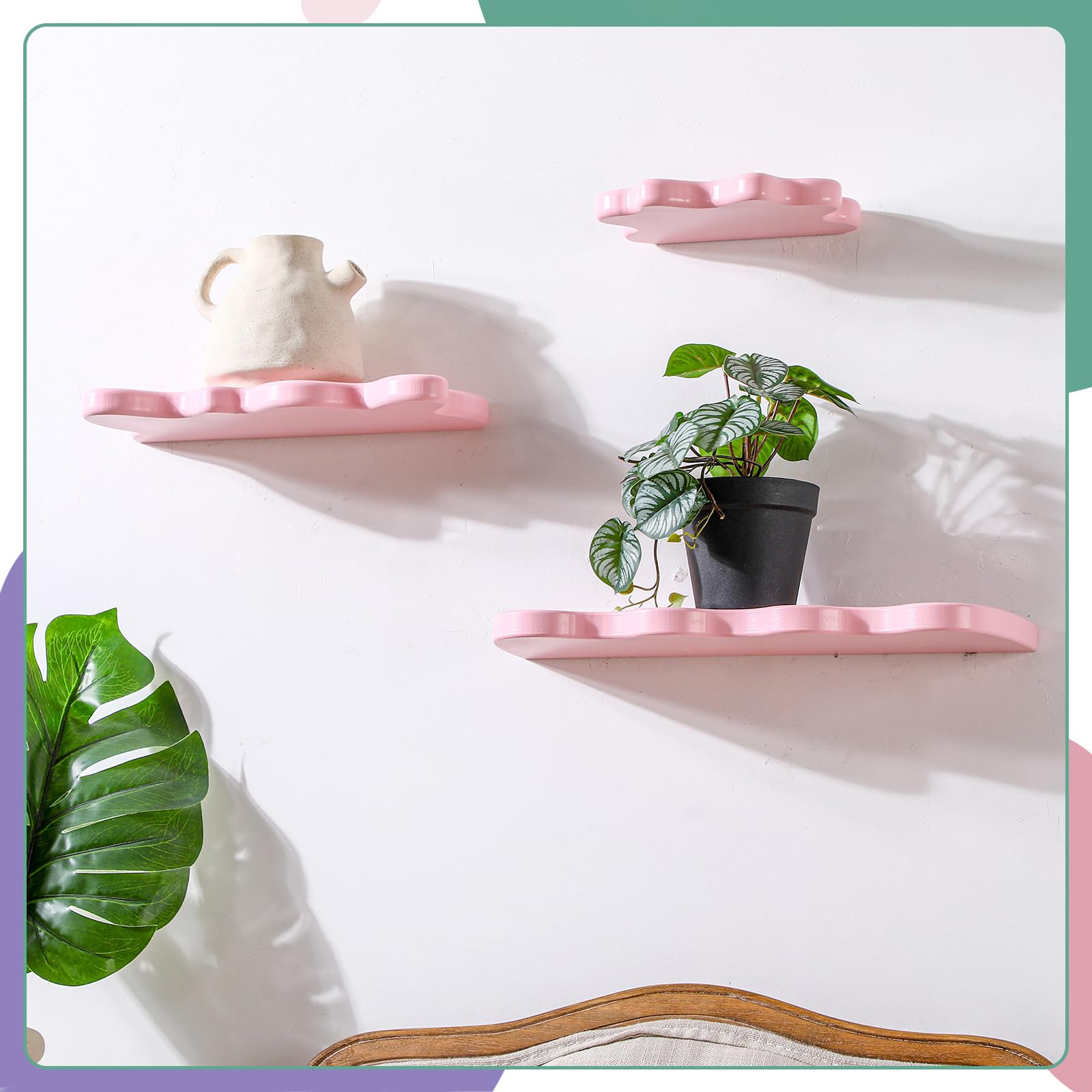 Set of 3 Wavy Cloud Floating Shelves â€?Funky Kawaii Danish Wall Decor for Bedroom & Bathroom (Pink, Green, Purple)