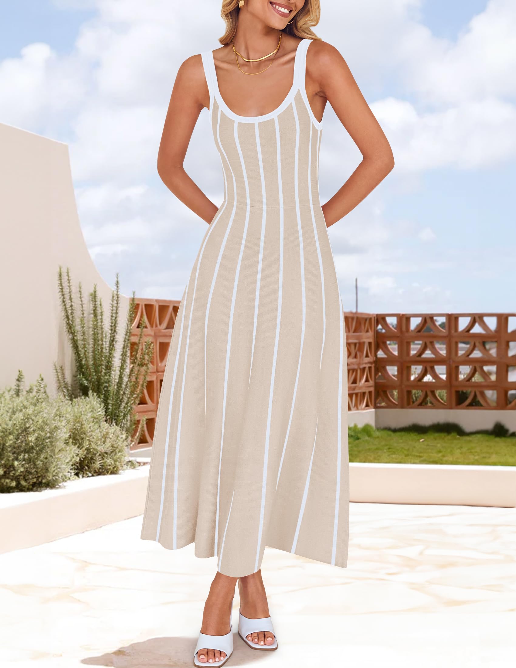 Wome's Summer Sleeveless Striped Midi Dress 2025 Knit Casual Elegant A Line Swing Long Dresses