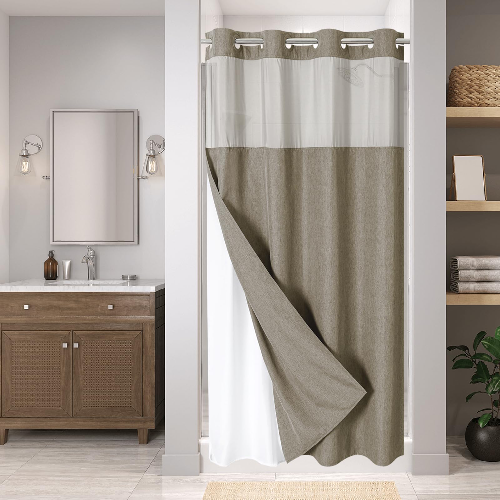 No Hooks Needed Linen Textured Shower Curtain with Snap-in Fabric Liner Set, Luxury Decor Shower Curtains for Bathroom with Mesh Top Window, Waterproof & Washable