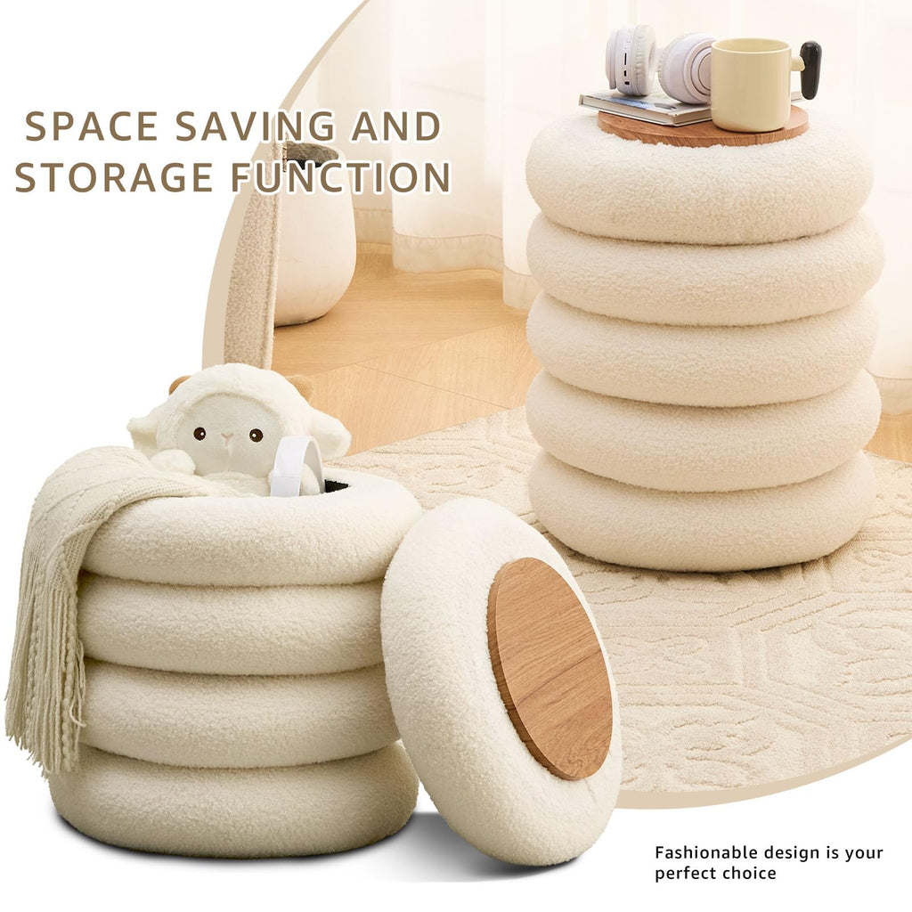 Round Storage Ottoman, Modern Sherpa Footstool with Flip-Top