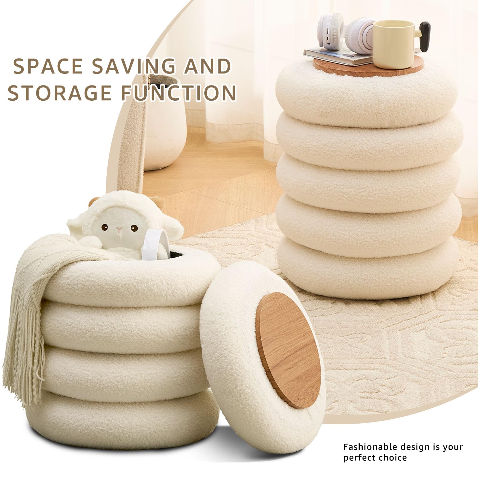 Round Storage Ottoman, Modern Sherpa Footstool with Flip-Top