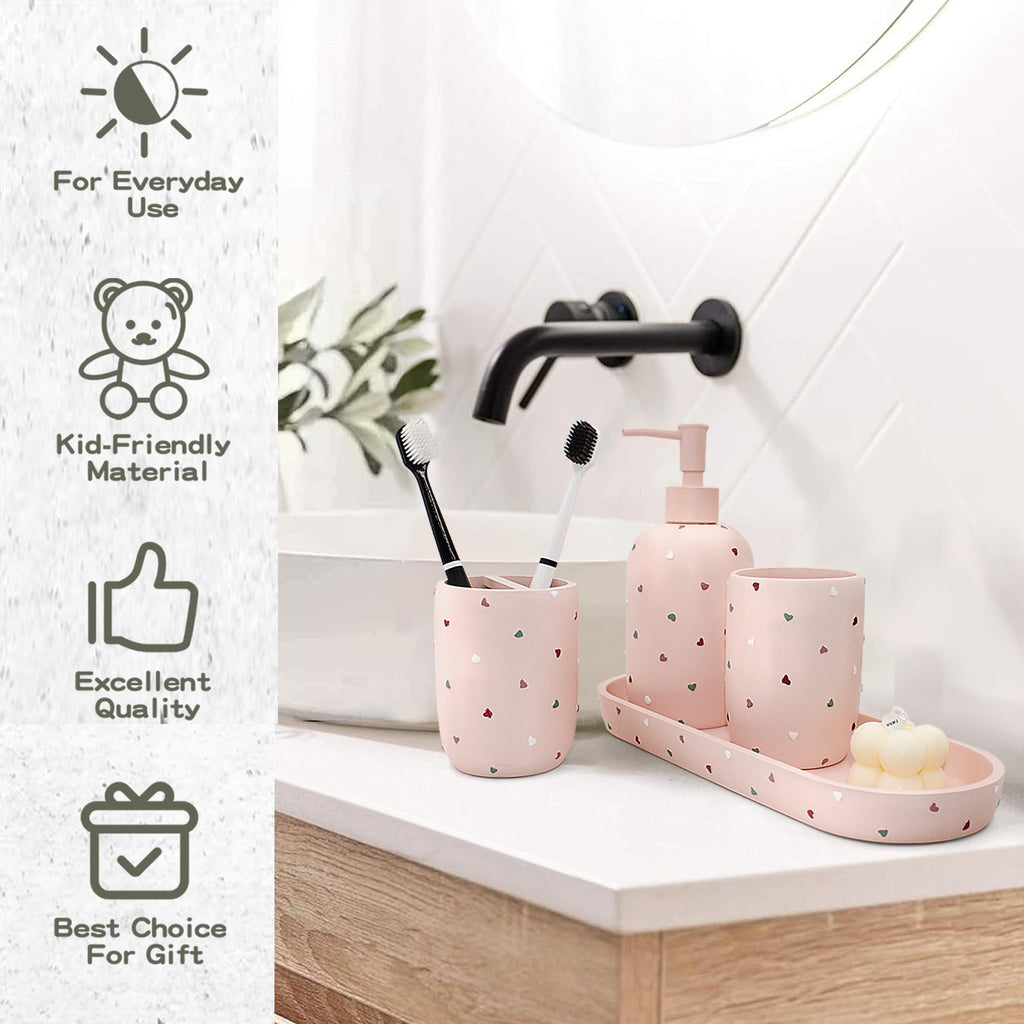 Premium Bathroom Accessories Sets 4-Piece, Pastel Heart Bathroom Accessory Complete Set - Toothbrush Holder, Lotion Soap Dispenser, Vanity Tray, Bathroom Tumbler for Countertop Vanity