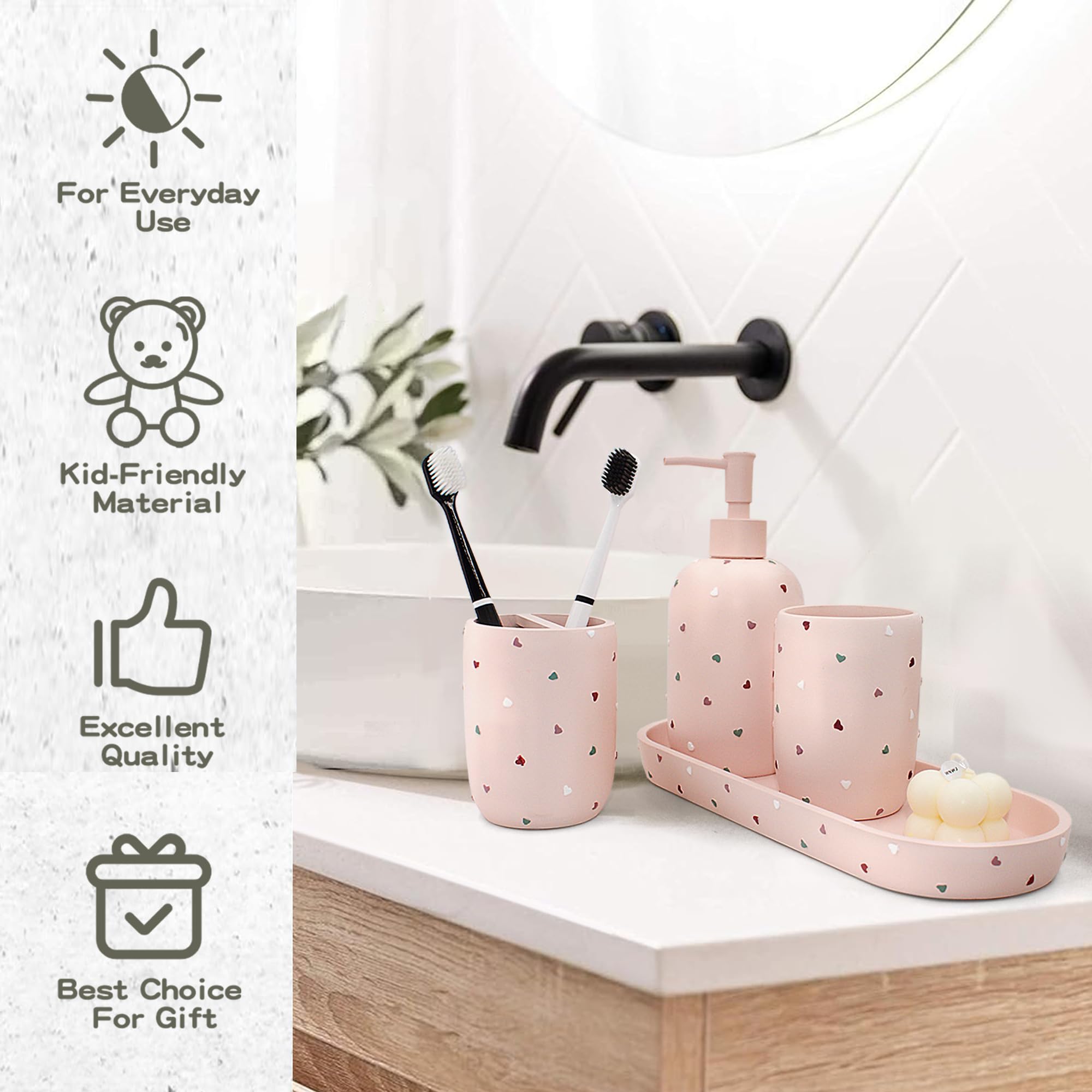 Premium Bathroom Accessories Sets 4-Piece, Pastel Heart Bathroom Accessory Complete Set - Toothbrush Holder, Lotion Soap Dispenser, Vanity Tray, Bathroom Tumbler for Countertop Vanity