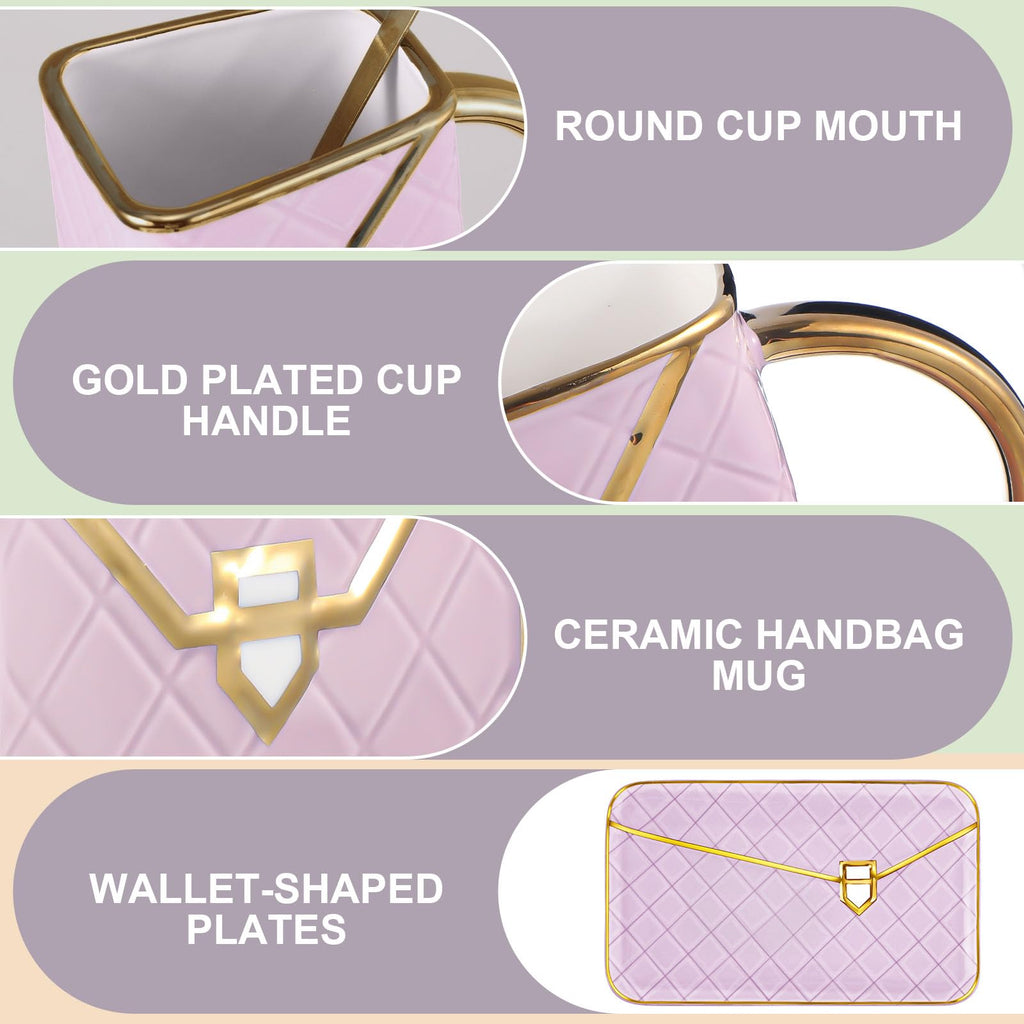 Set Coffee Mug Elegant Handbag Shaped Cup Modern Ceramic Purse Mug with Spoon and Saucer, 10oz Cute Creative Tea Cup